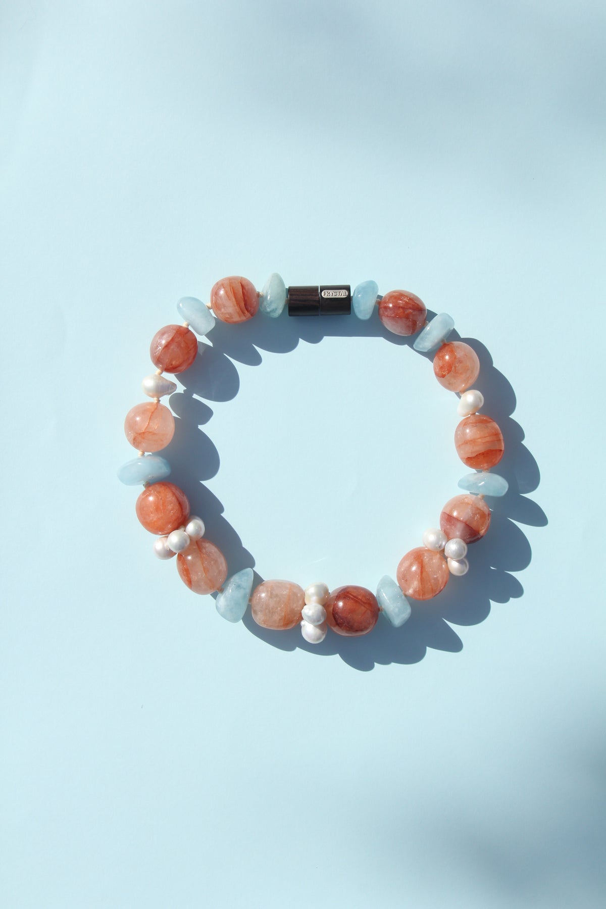 Necklace: morganite, quartz, pearls