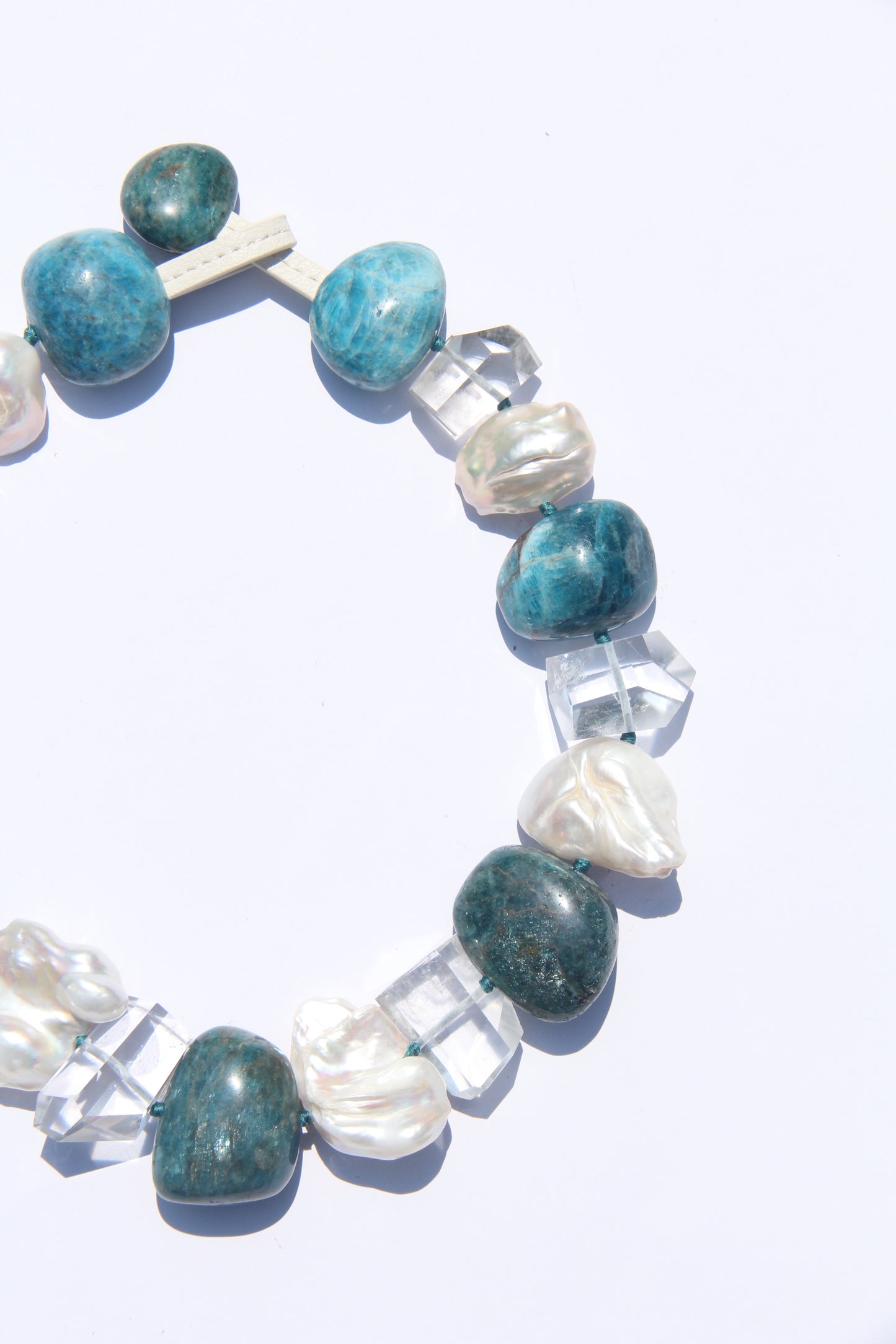 Necklace: blue apatite, quartz, pearls