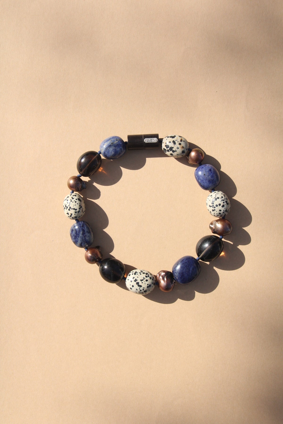 Necklace: dalmatian jasper stone, blue vein stone, pearls