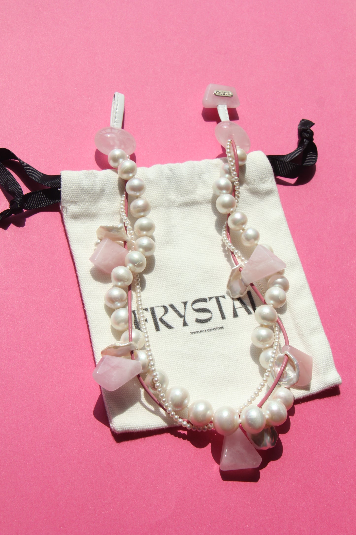 Necklace: morganite, rose quartz, pearls