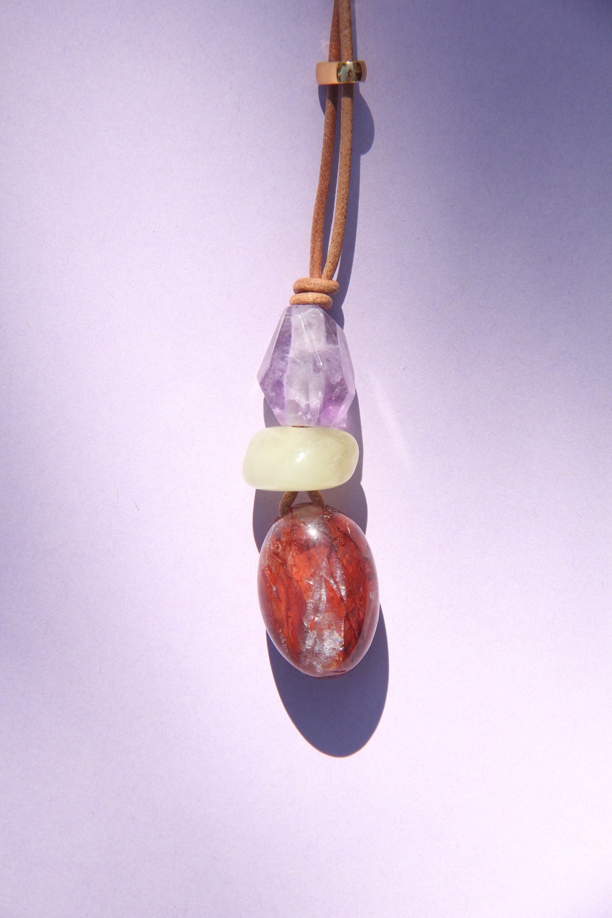 Necklace: amethyst, morganite, hematoid quartz