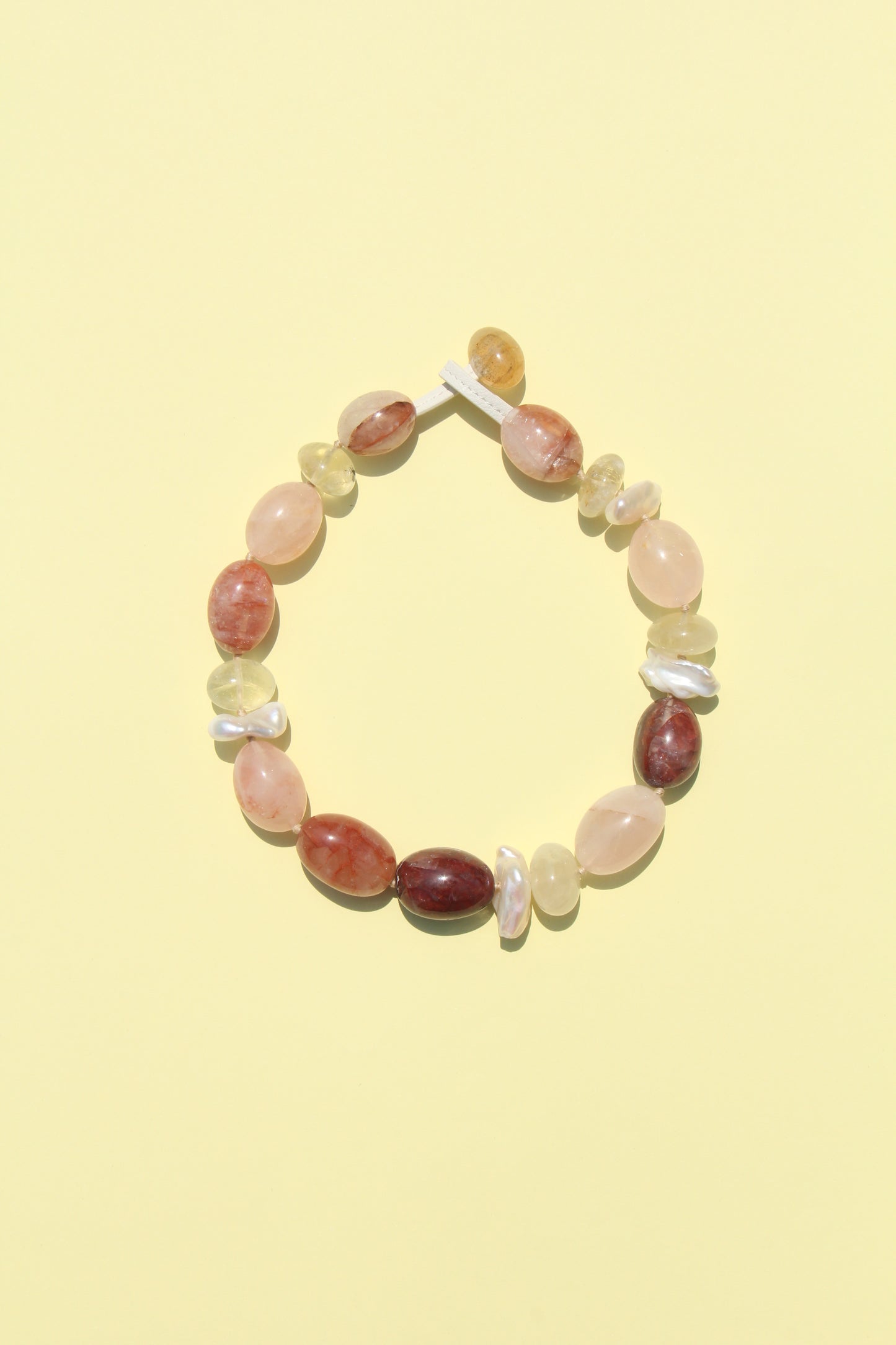 Necklace: rose quartz, pearls, citrine, hematoid quartz