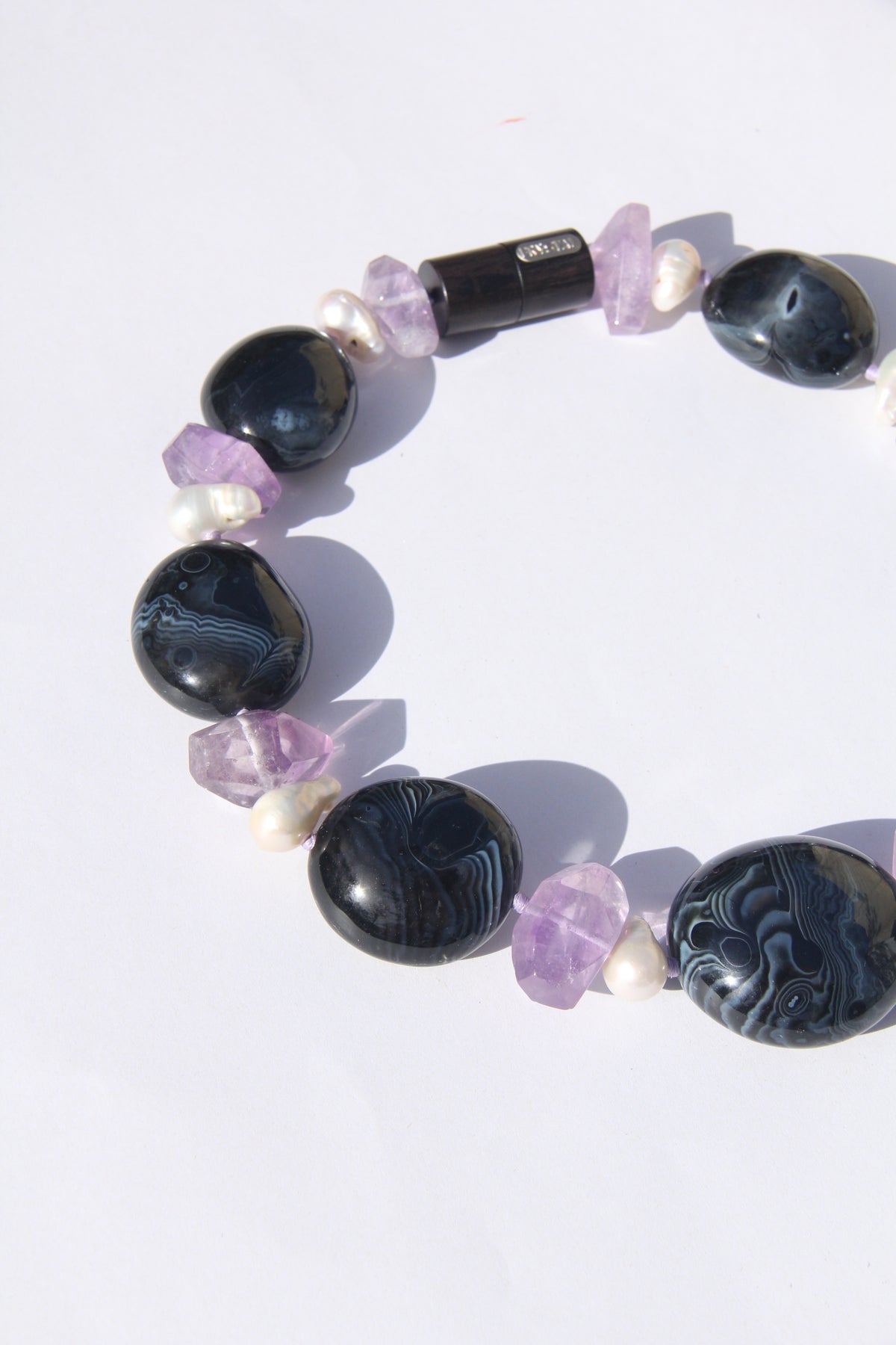 Necklace: sardonyx, pearls, amethyst