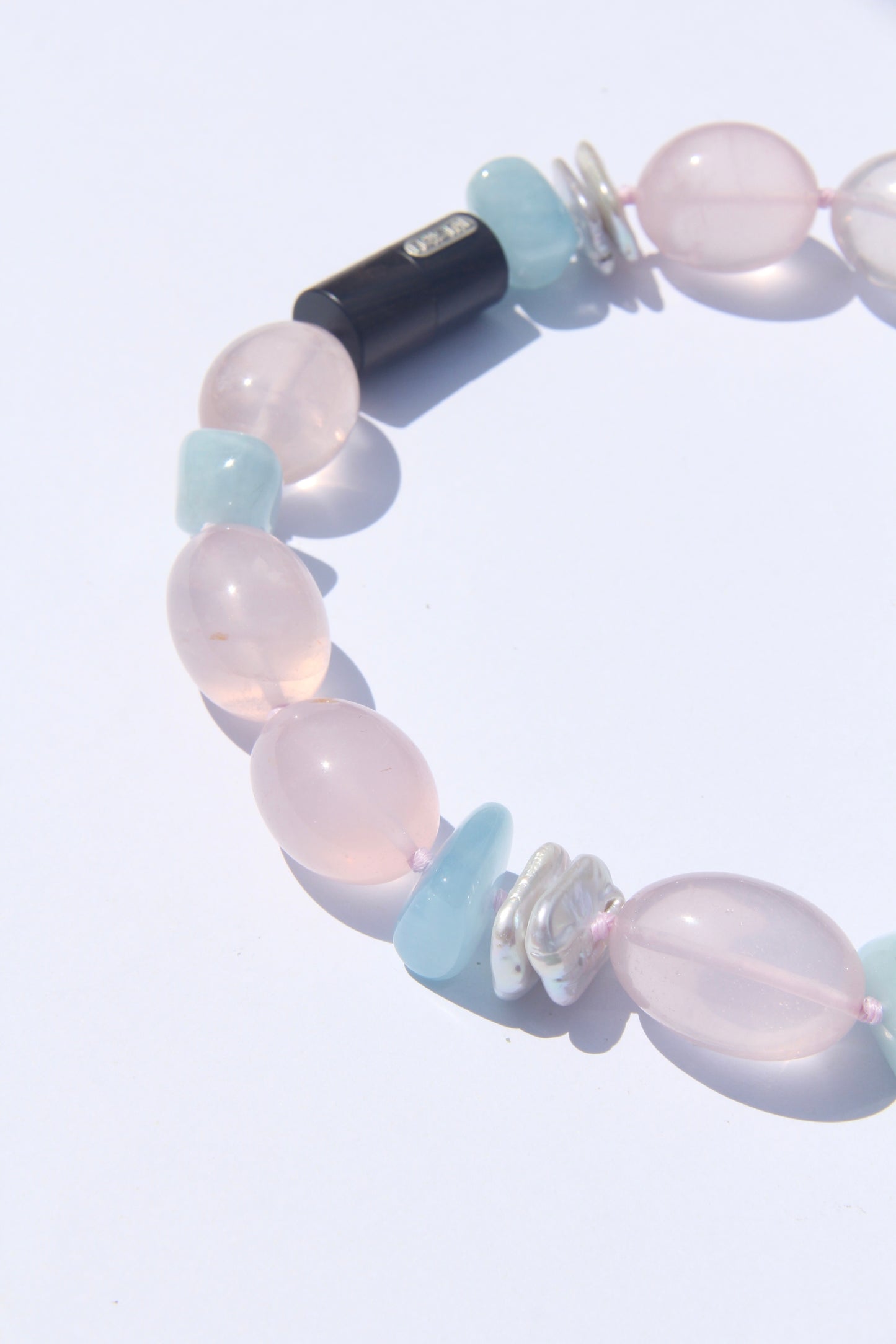 Necklace: rose quartz, morganite, pearls
