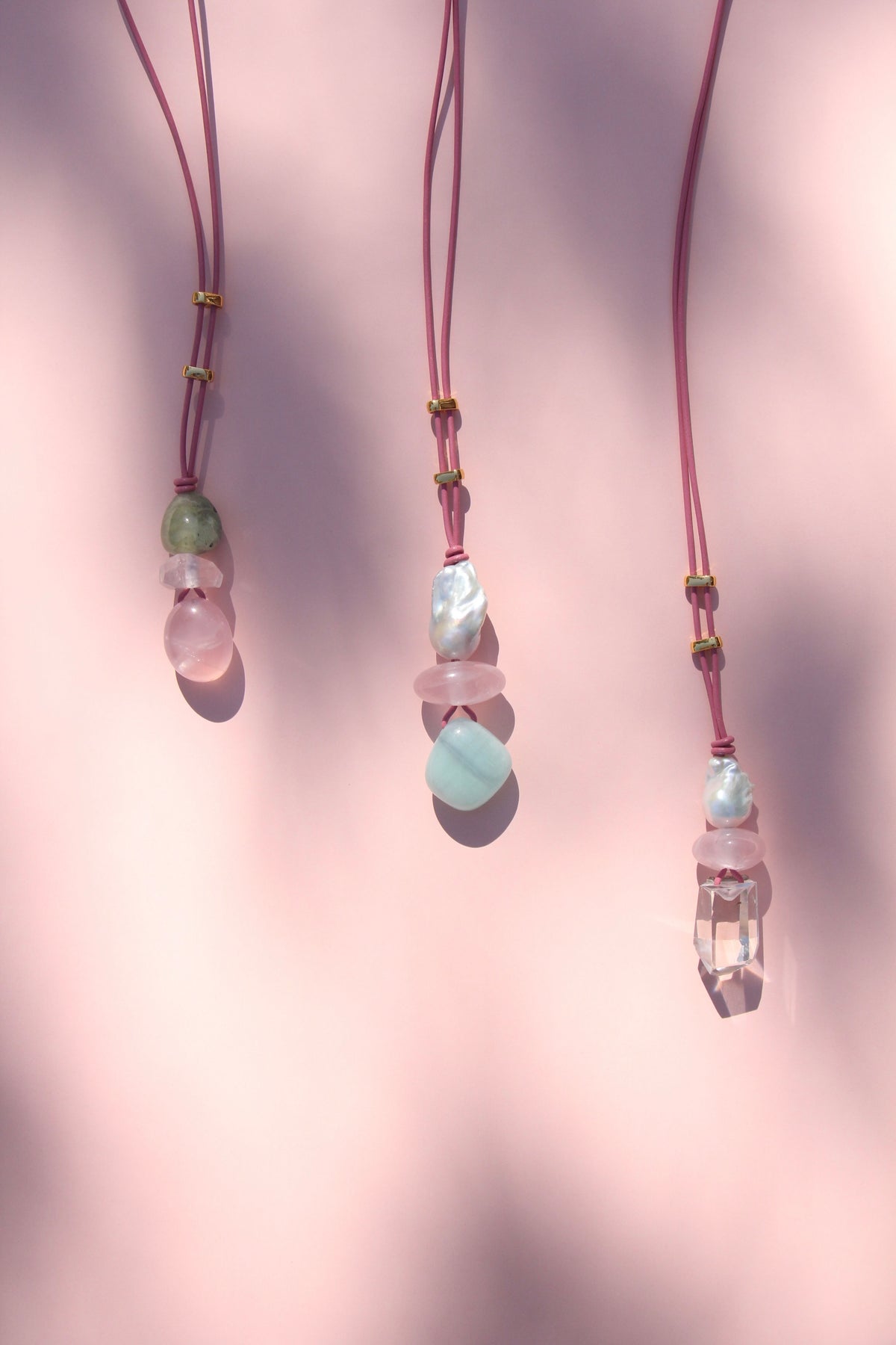 Necklace: pearl, ross quartz, quartz