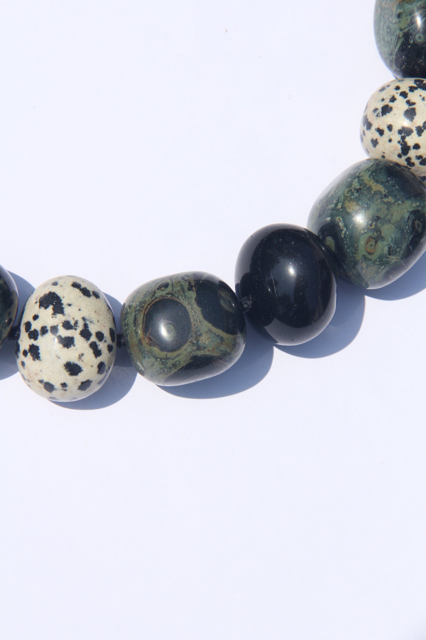 Necklace: crocodile jasper, dalmatian jasper, smoky quartz