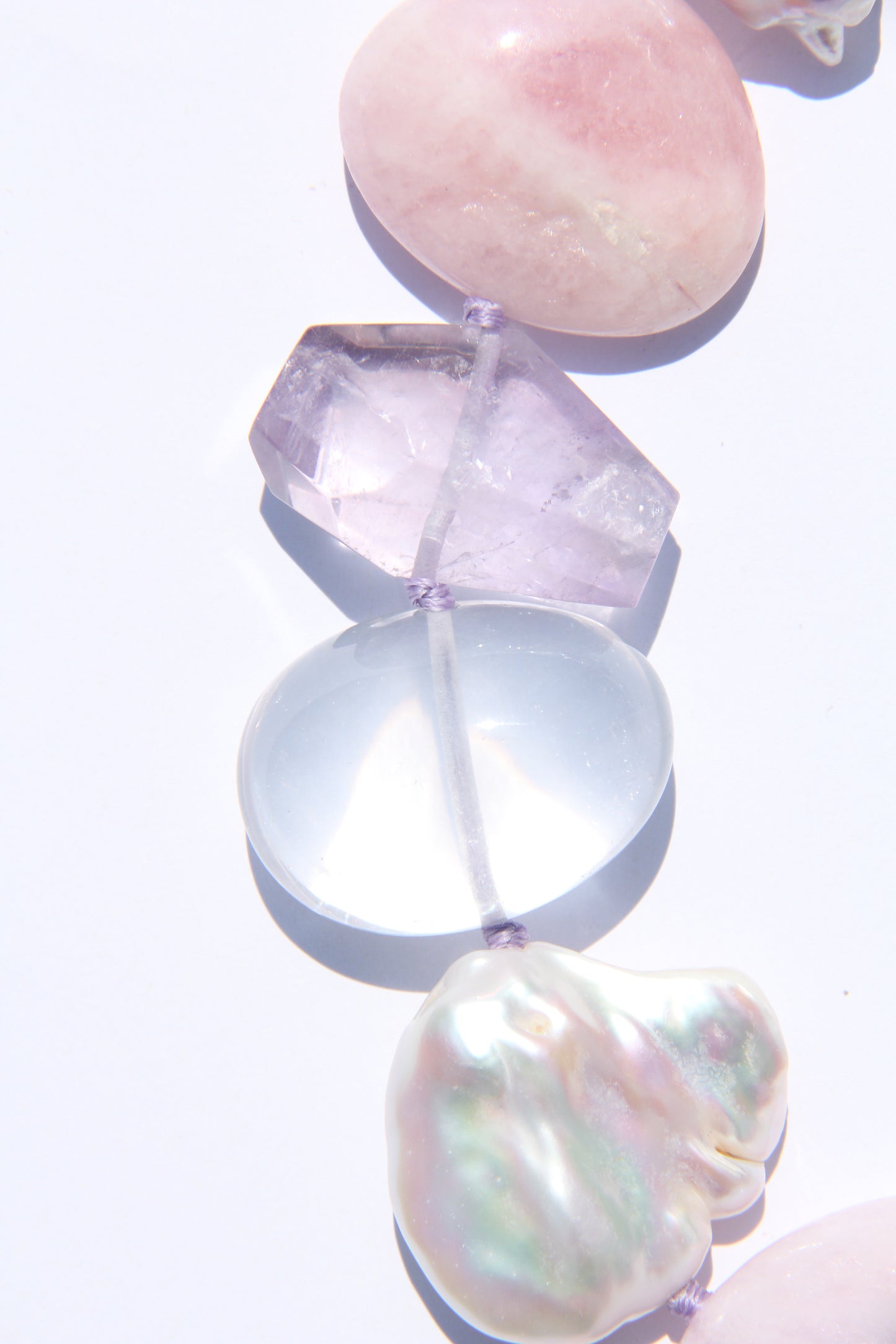 Necklace: morganite, quartz, amethyst, pearls