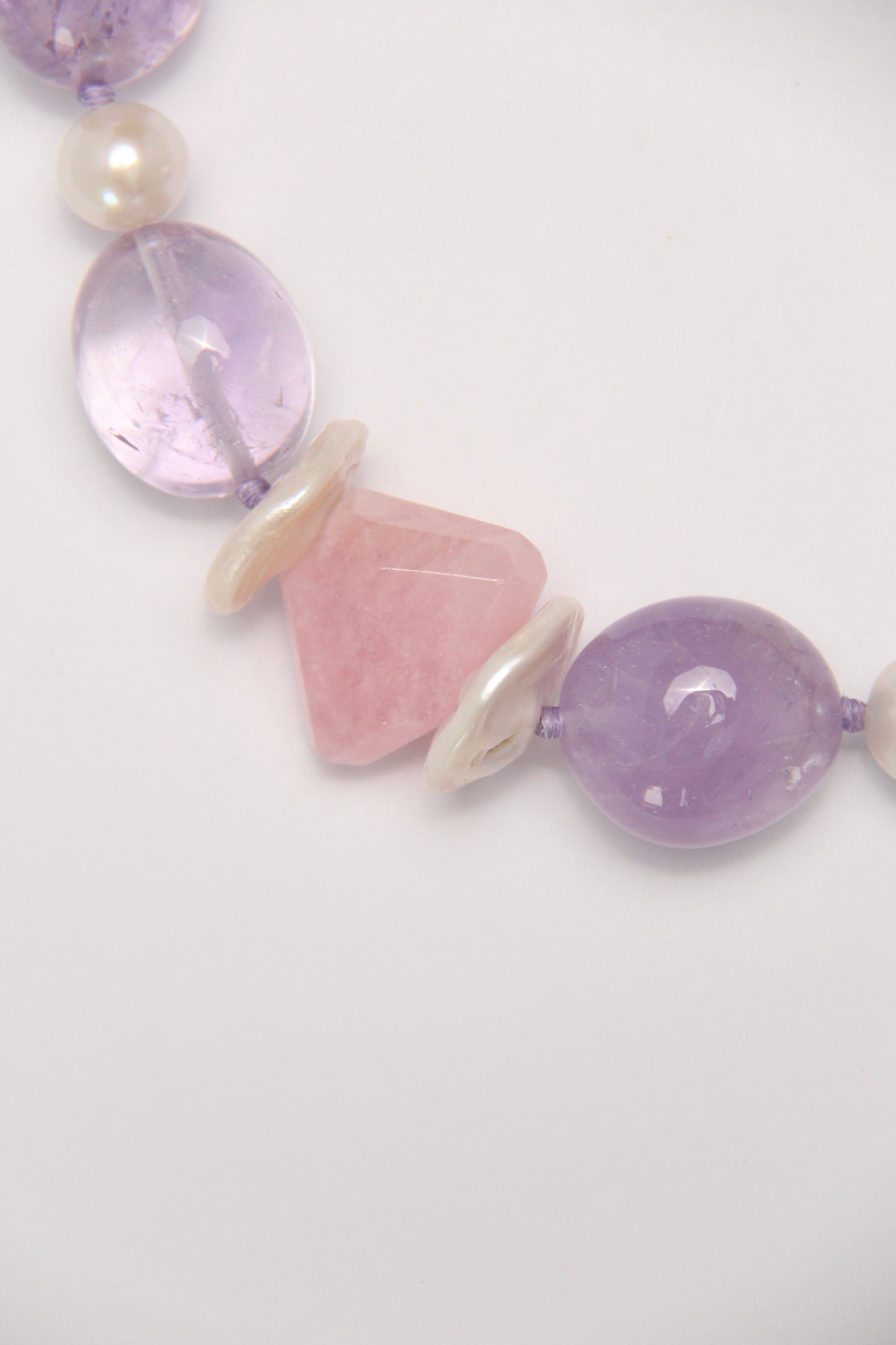 Necklace: amethyst, morganite, aquamarine, pearls