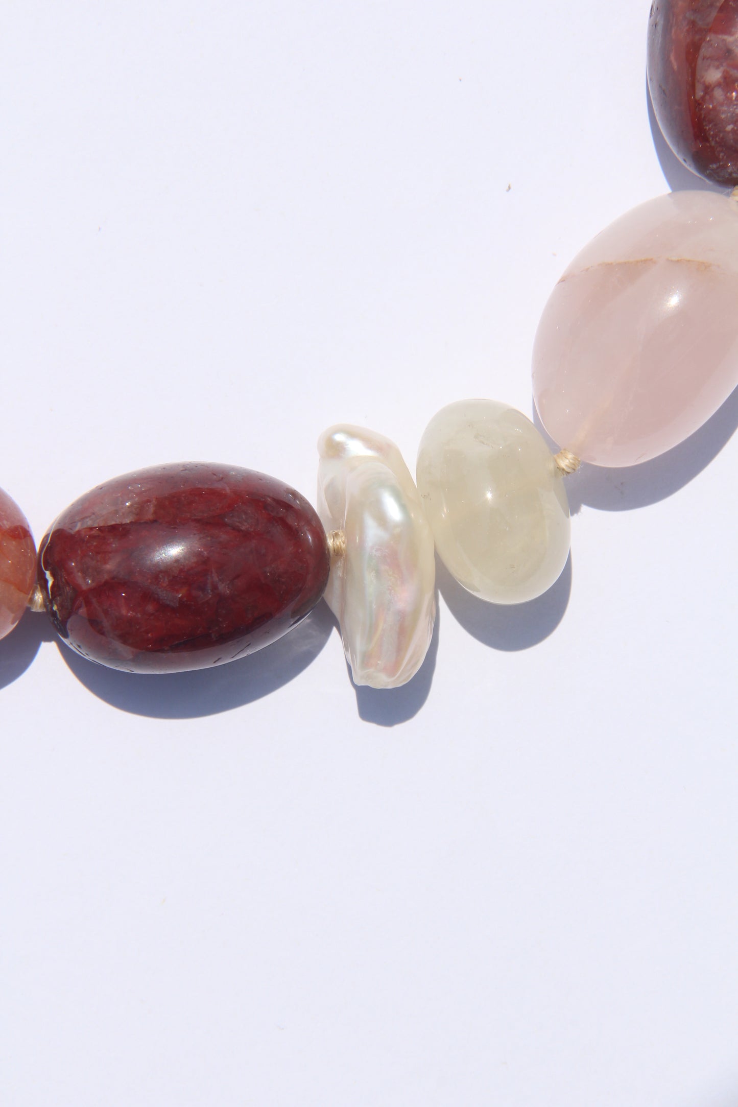 Necklace: rose quartz, pearls, citrine, hematoid quartz