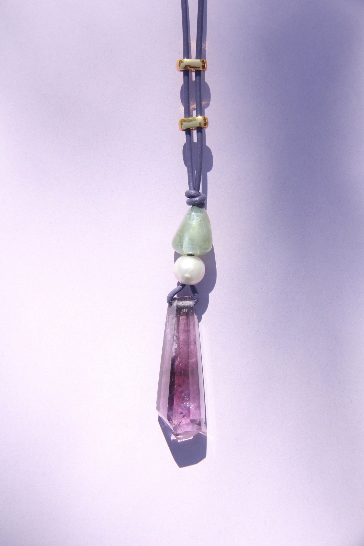 Necklace: morganite, pearl, amethyst