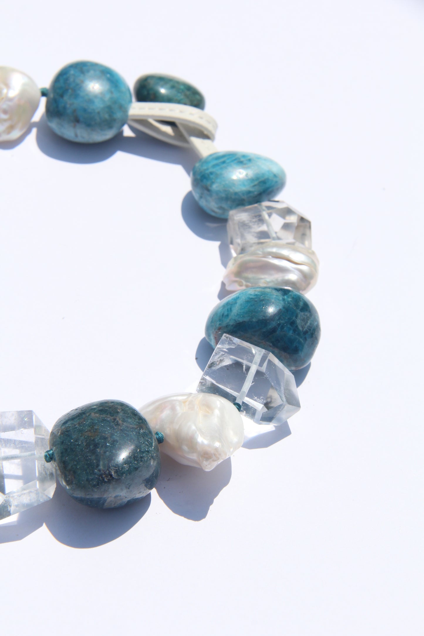 Necklace: blue apatite, quartz, pearls
