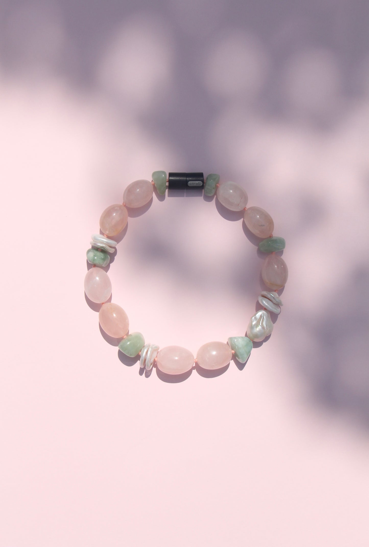 Necklace: rose quartz, morganite, pearls