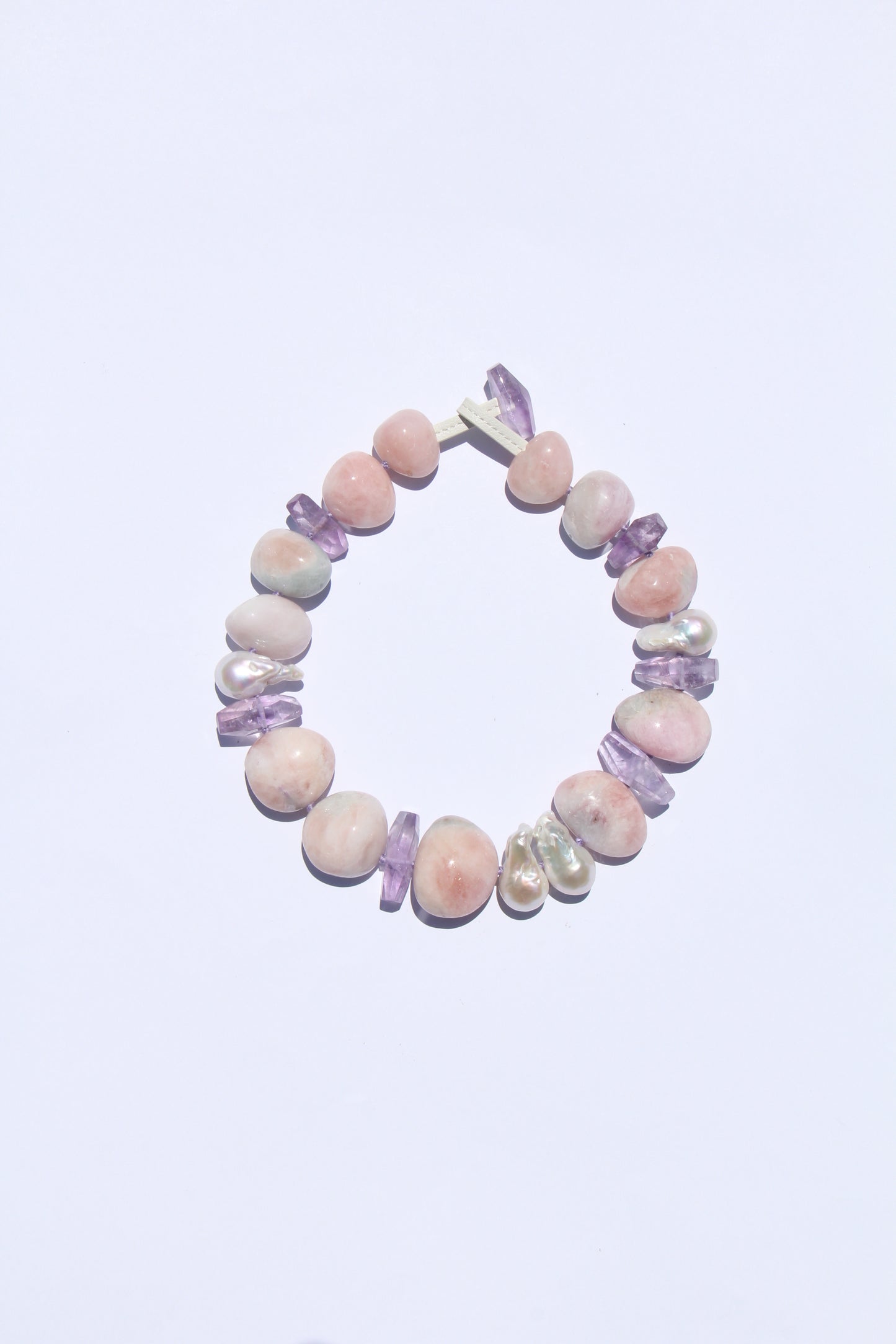 Necklace: morganite, amethyst, pearls