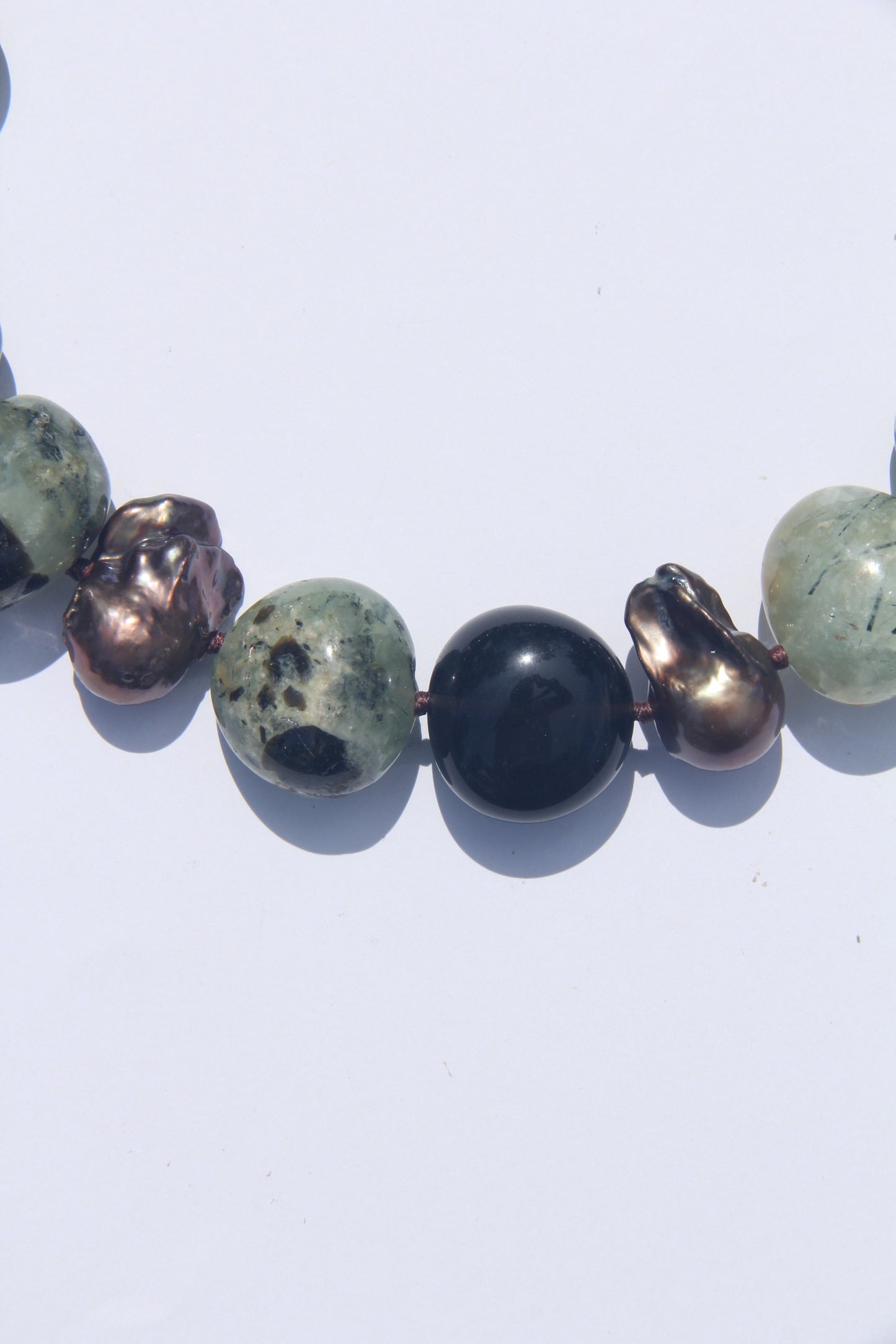 Necklace: prehnite, smoky quartz, pearls