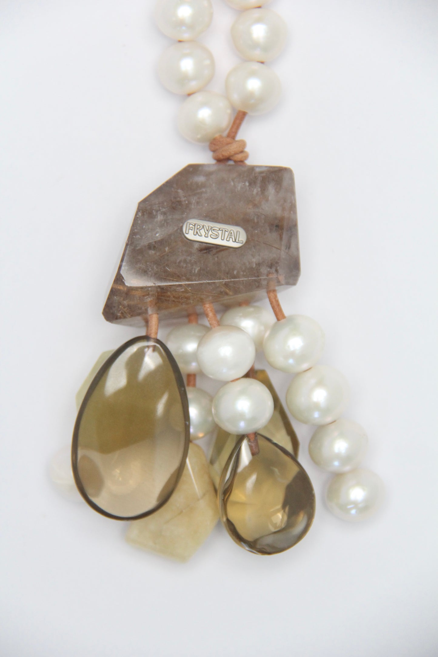 Pendant: golden rutilated quartz, pearls, morganite, citrine