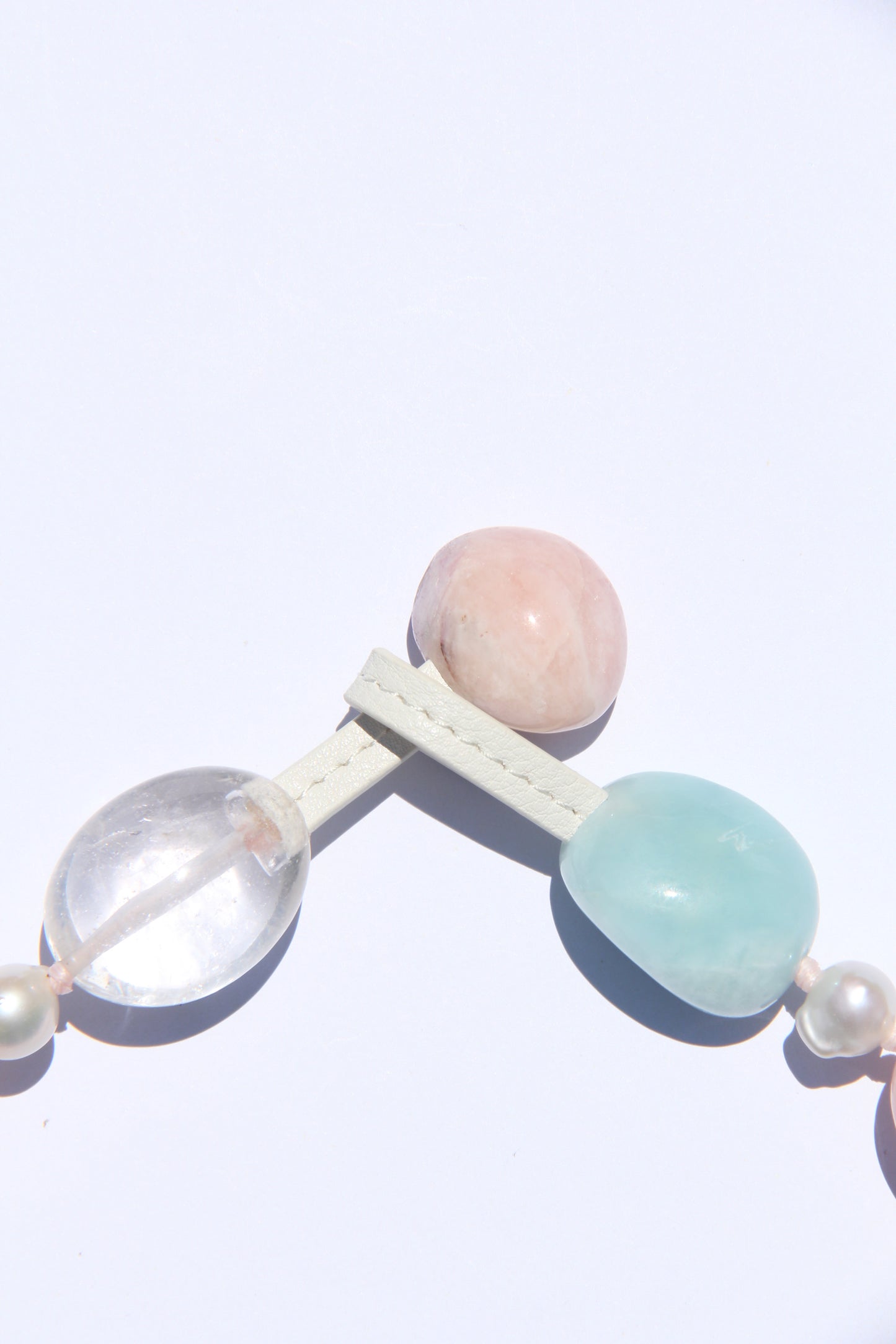 Necklace: morganite, aquamarine, quartz, pearls