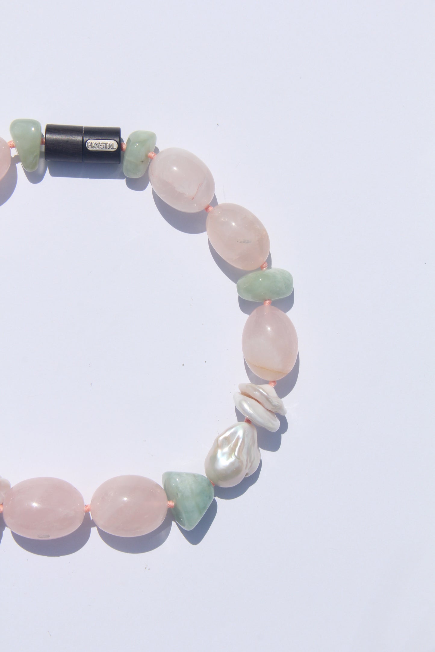 Necklace: rose quartz, morganite, pearls