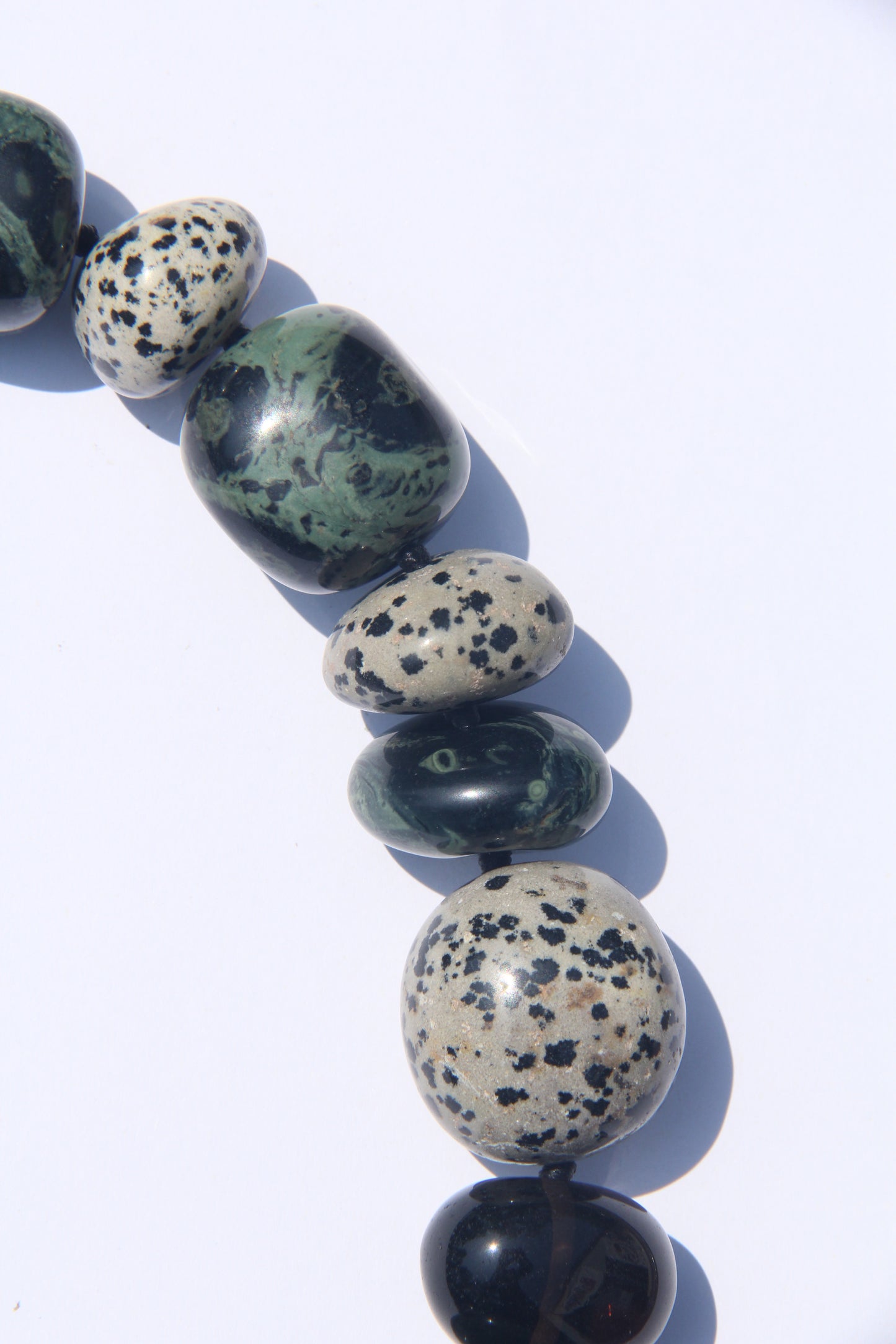 Necklace: crocodile jasper, dalmatian jasper, smoky quartz
