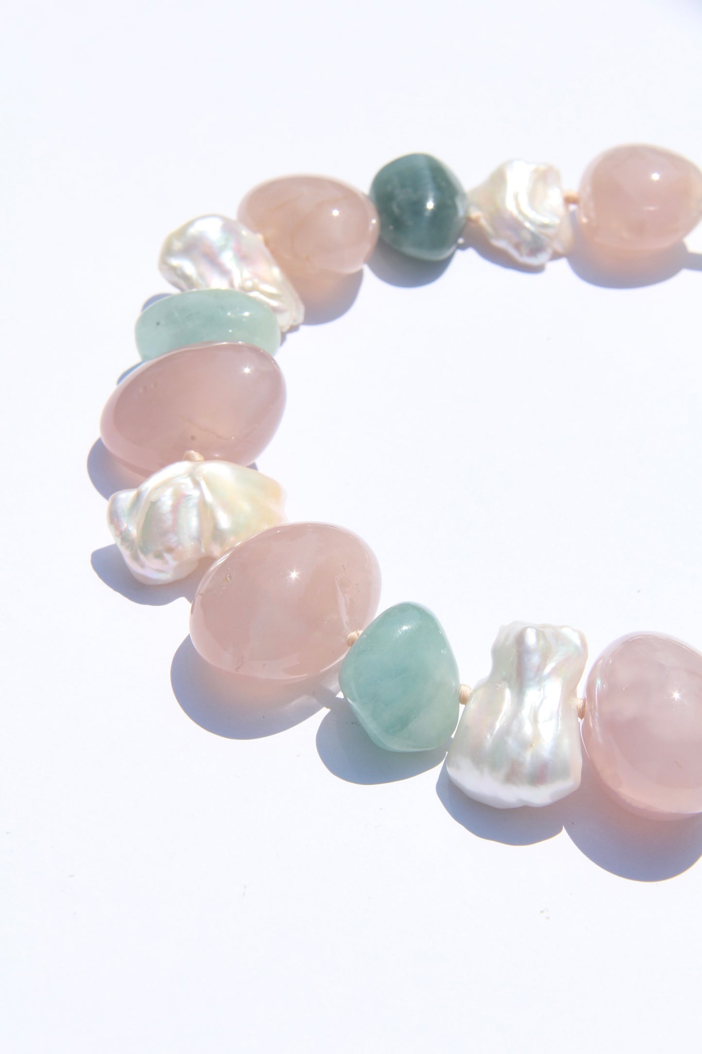 Necklace: morganite, rose agate, pearls