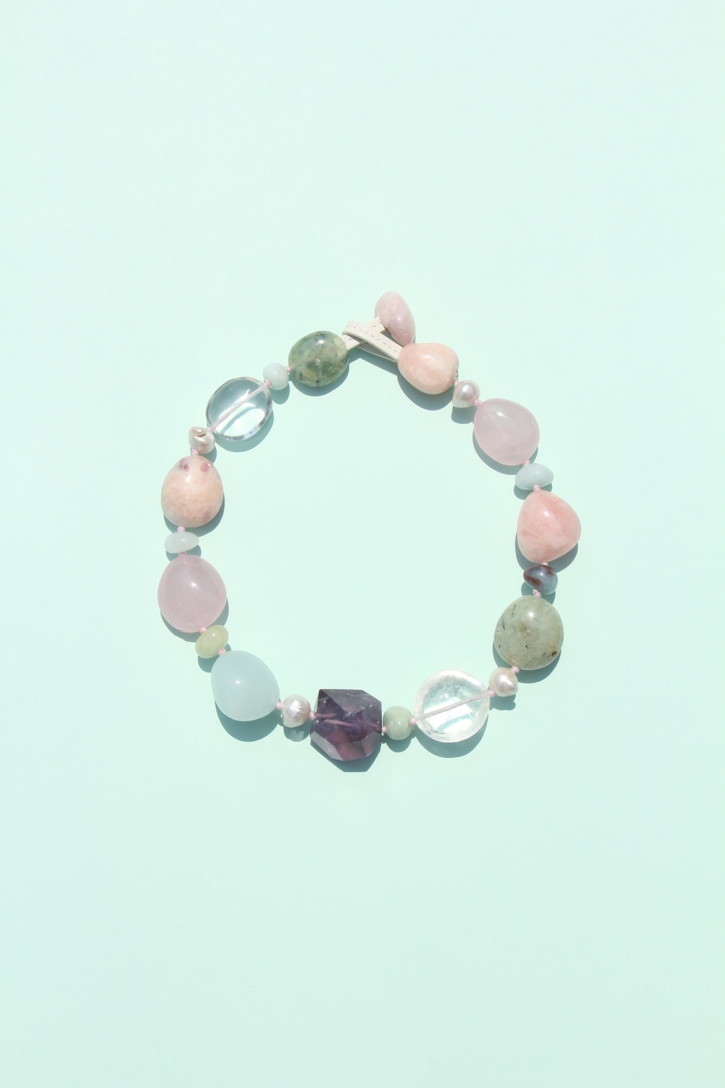 Necklace: amethyst, aquamarine, prehnite, morganite, rose quartz, pearls