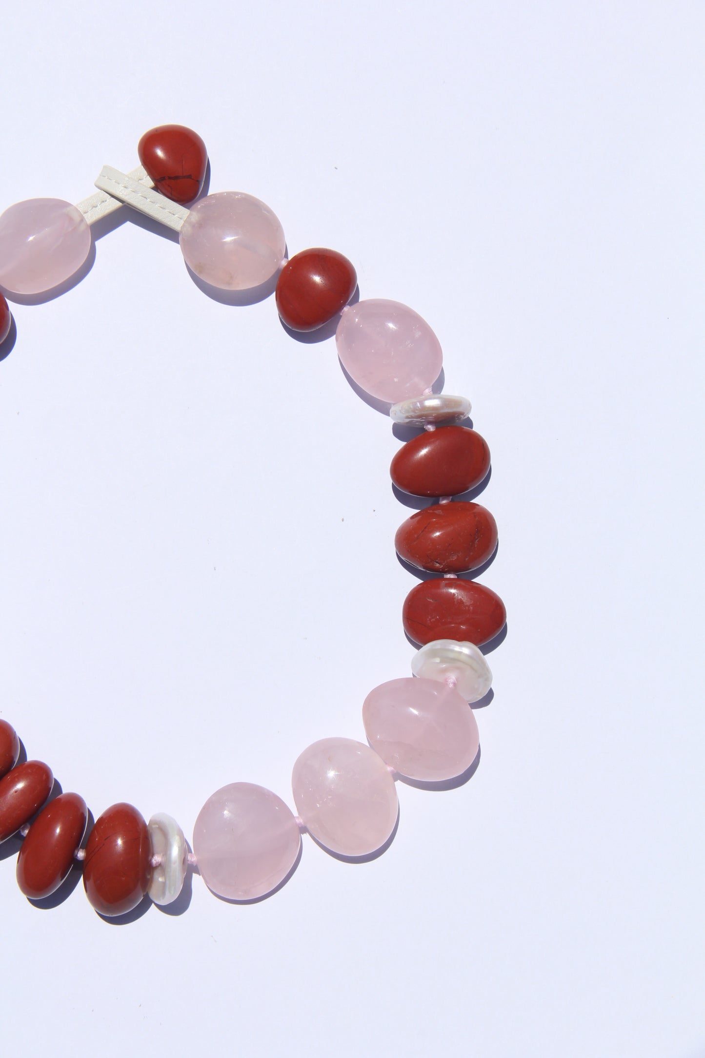 Necklace: red jasper stone, rose quartz, pearls