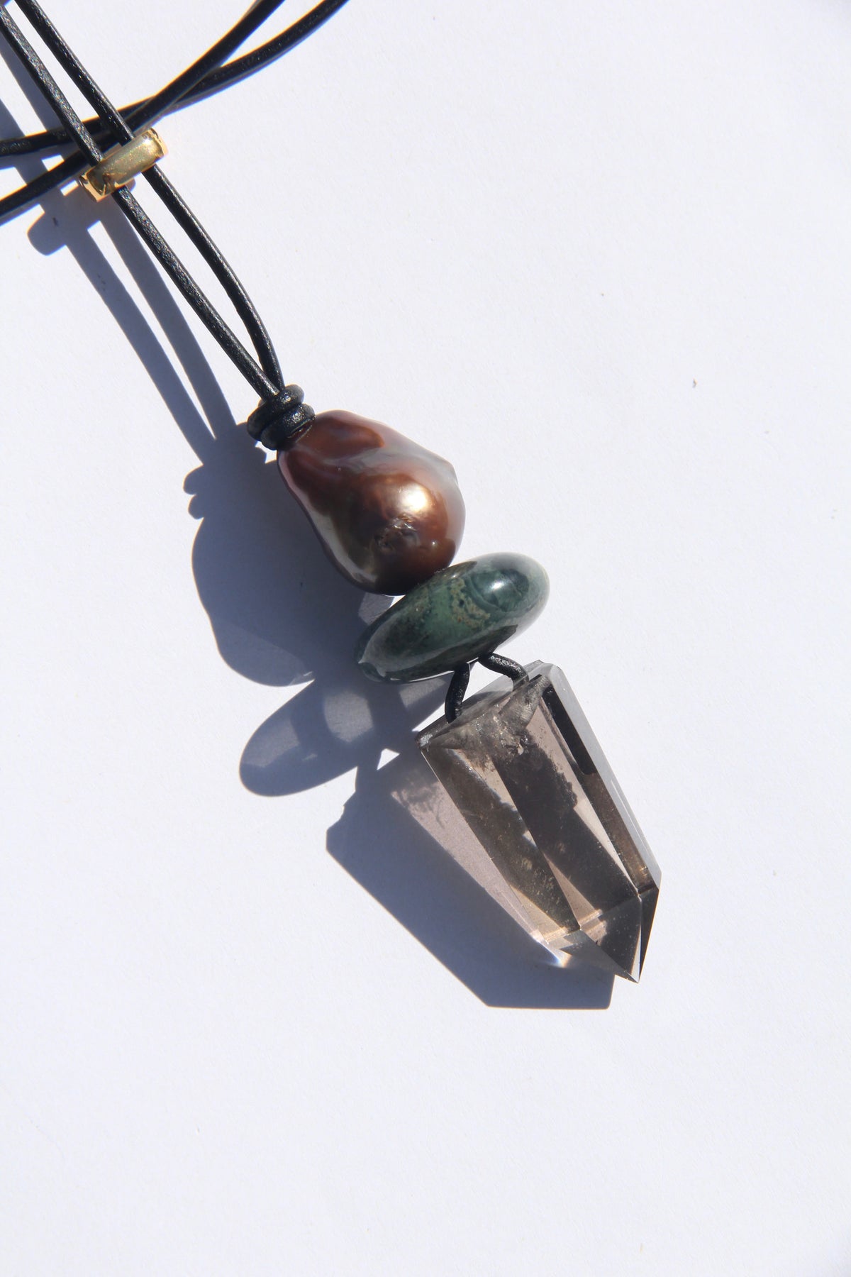 Necklace: pearl, crocodile jasper, smoky quartz