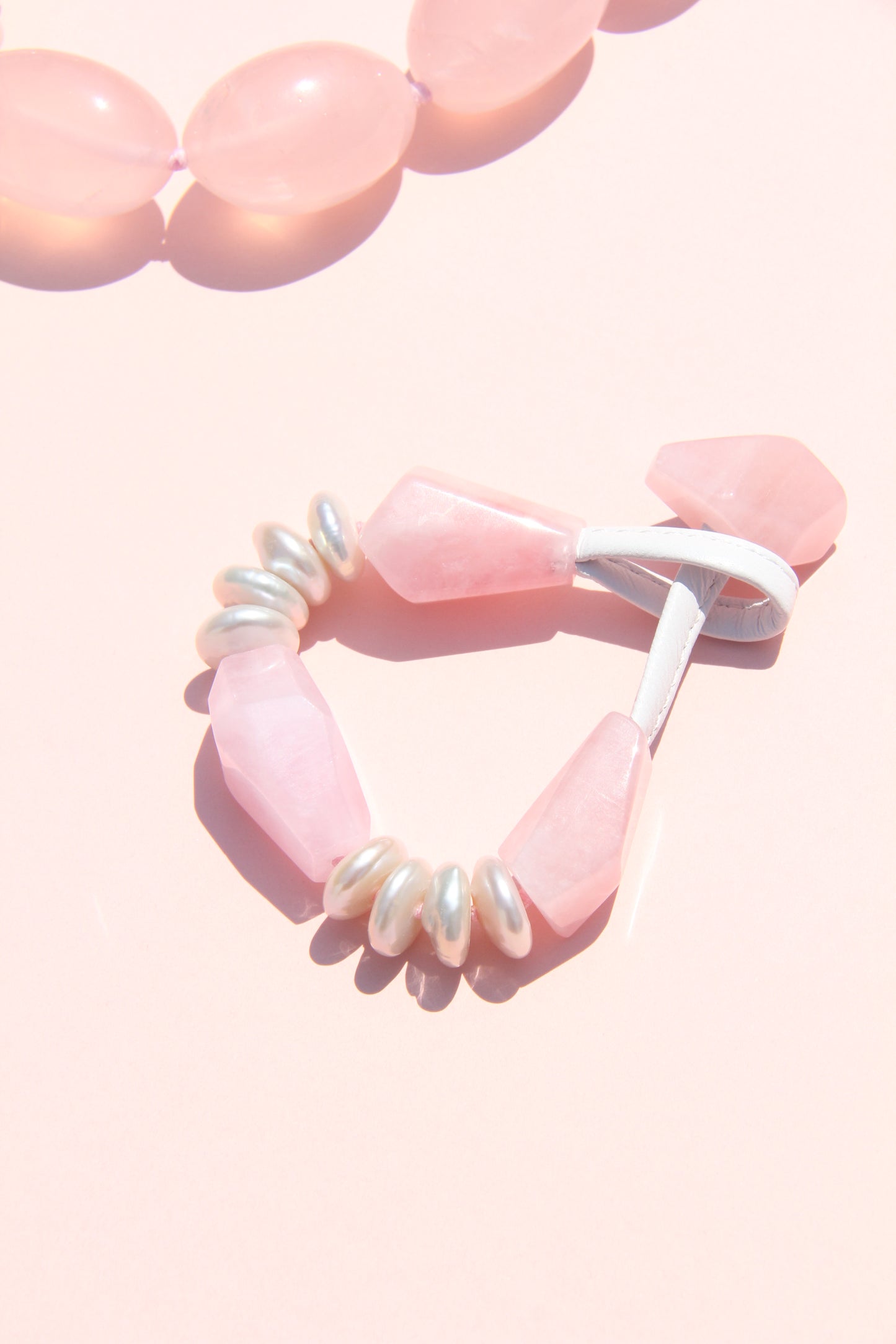 Necklace: rose quartz, pearls