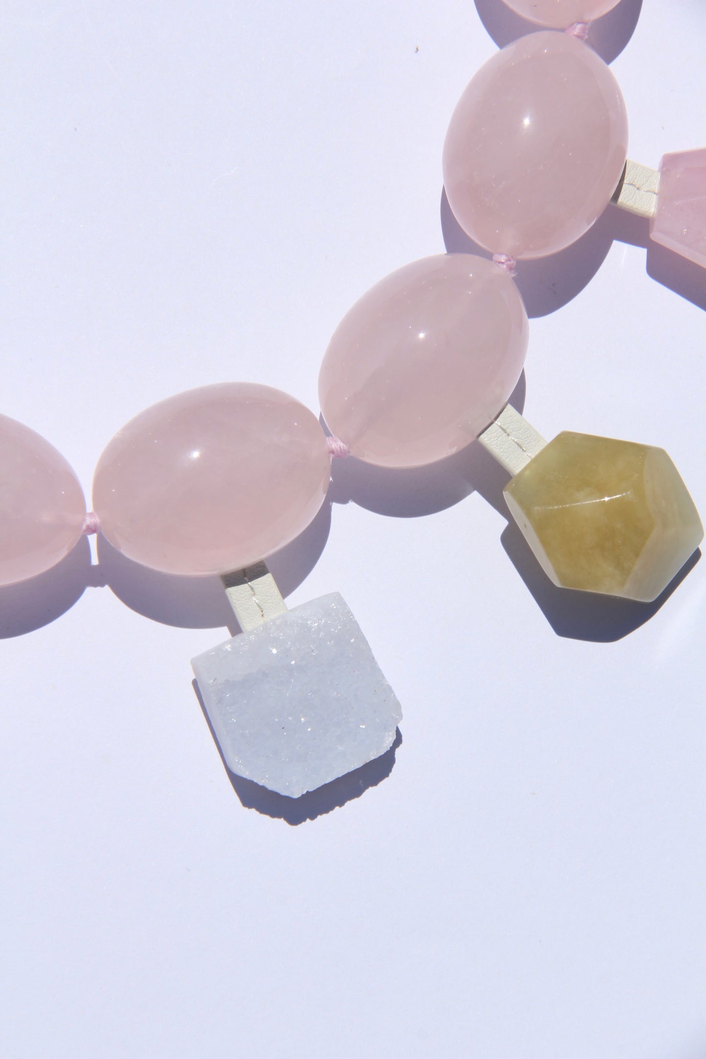 Charms: rose quartz, amethyst, morganite, pearl, blue lace agate