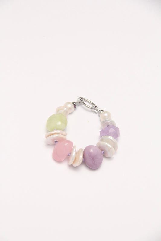 Bracelet: morganite, amethyst, lepidolite, pearls
