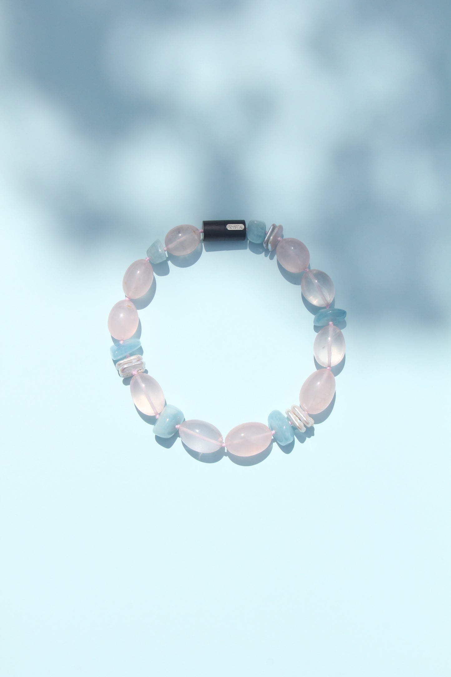 Necklace: rose quartz, morganite, pearls