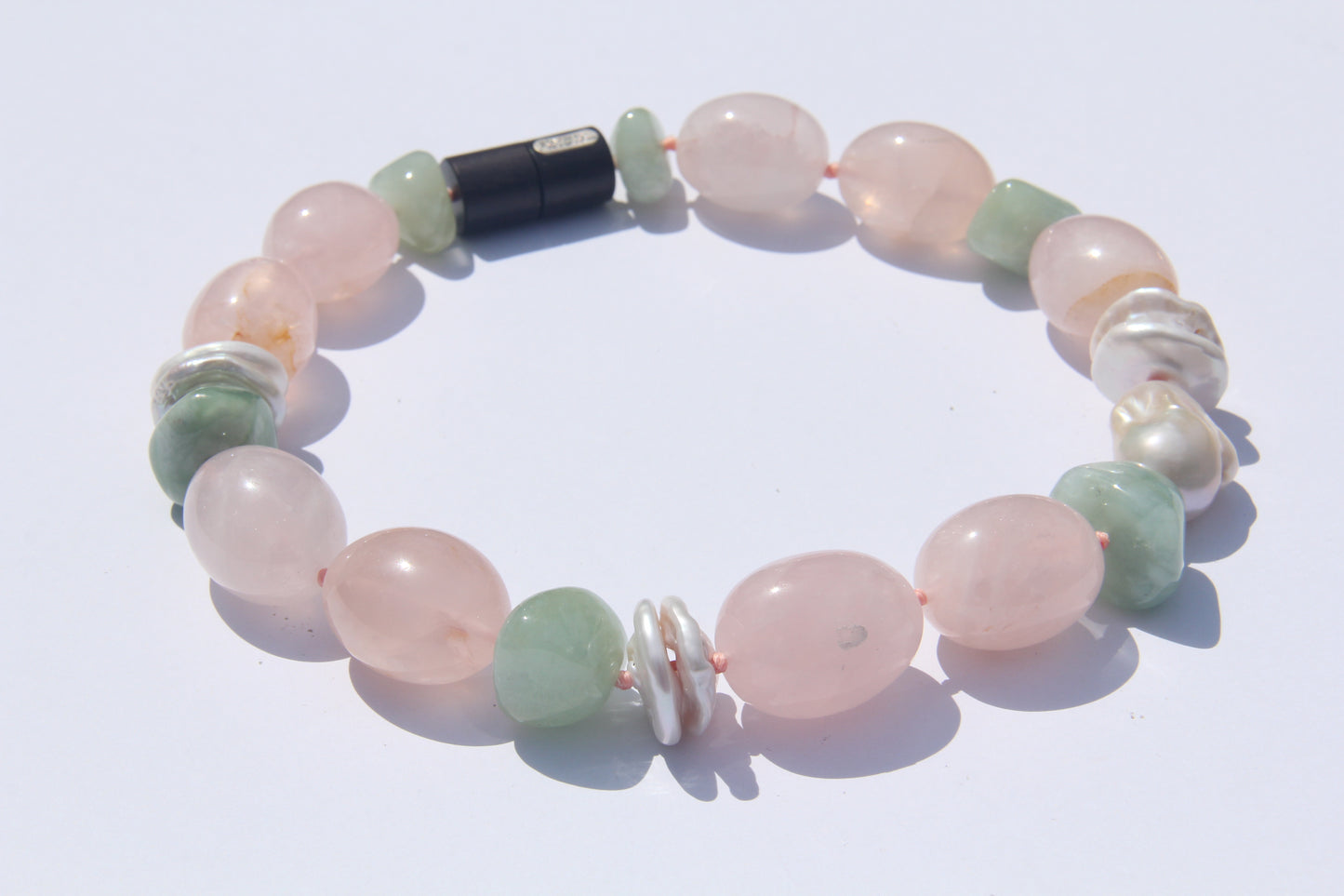 Necklace: rose quartz, morganite, pearls