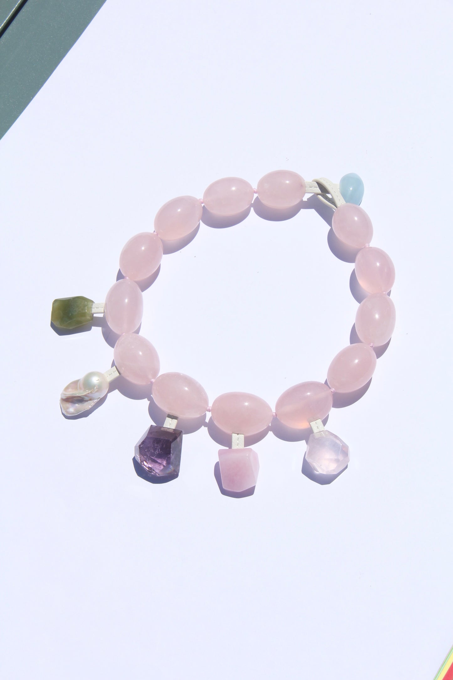 Charms: rose quartz, morganite, pearl, amethyst