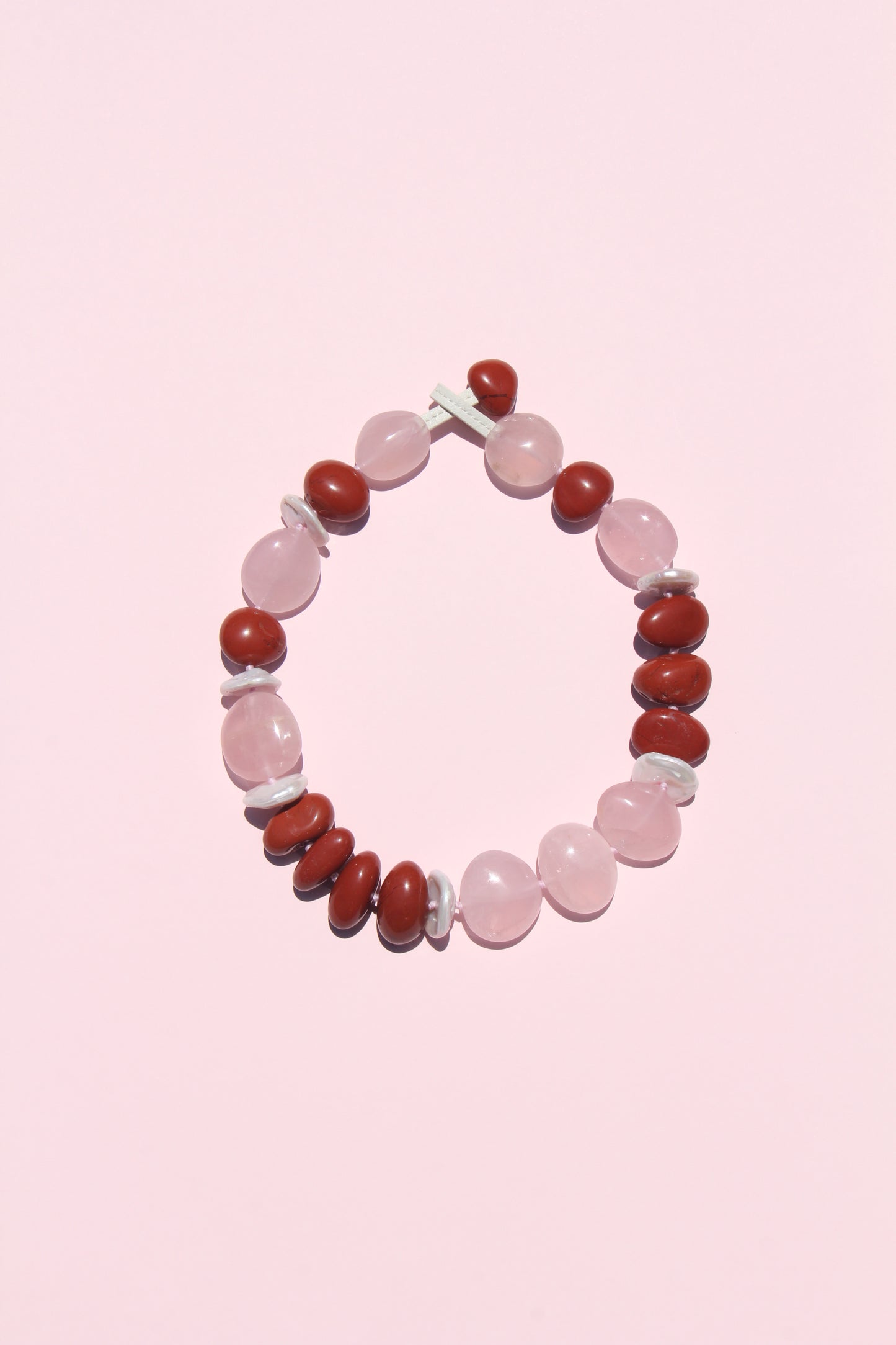 Necklace: red jasper stone, rose quartz, pearls