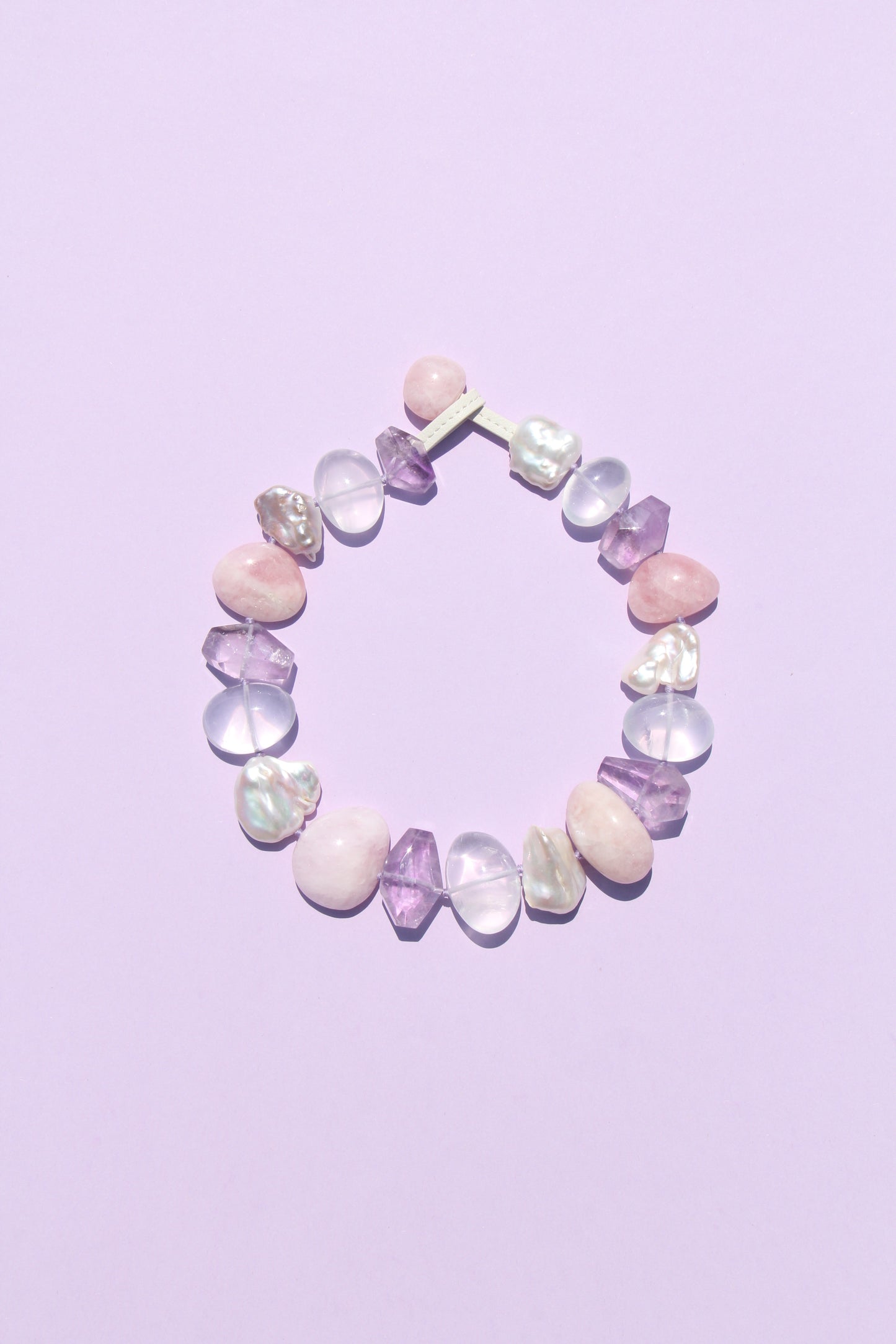 Necklace: morganite, quartz, amethyst, pearls