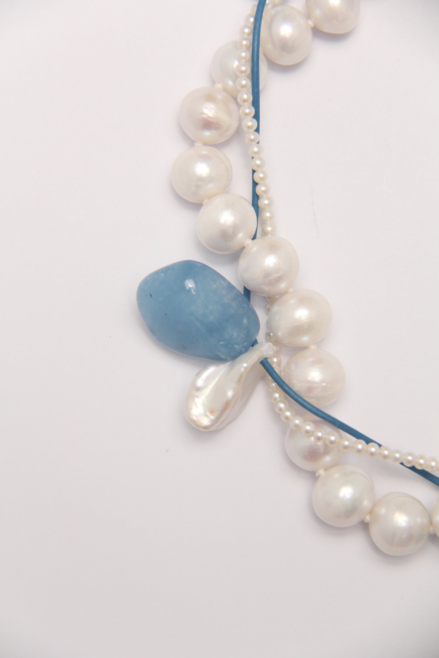 Necklace: aquamarine, morganite, pearls