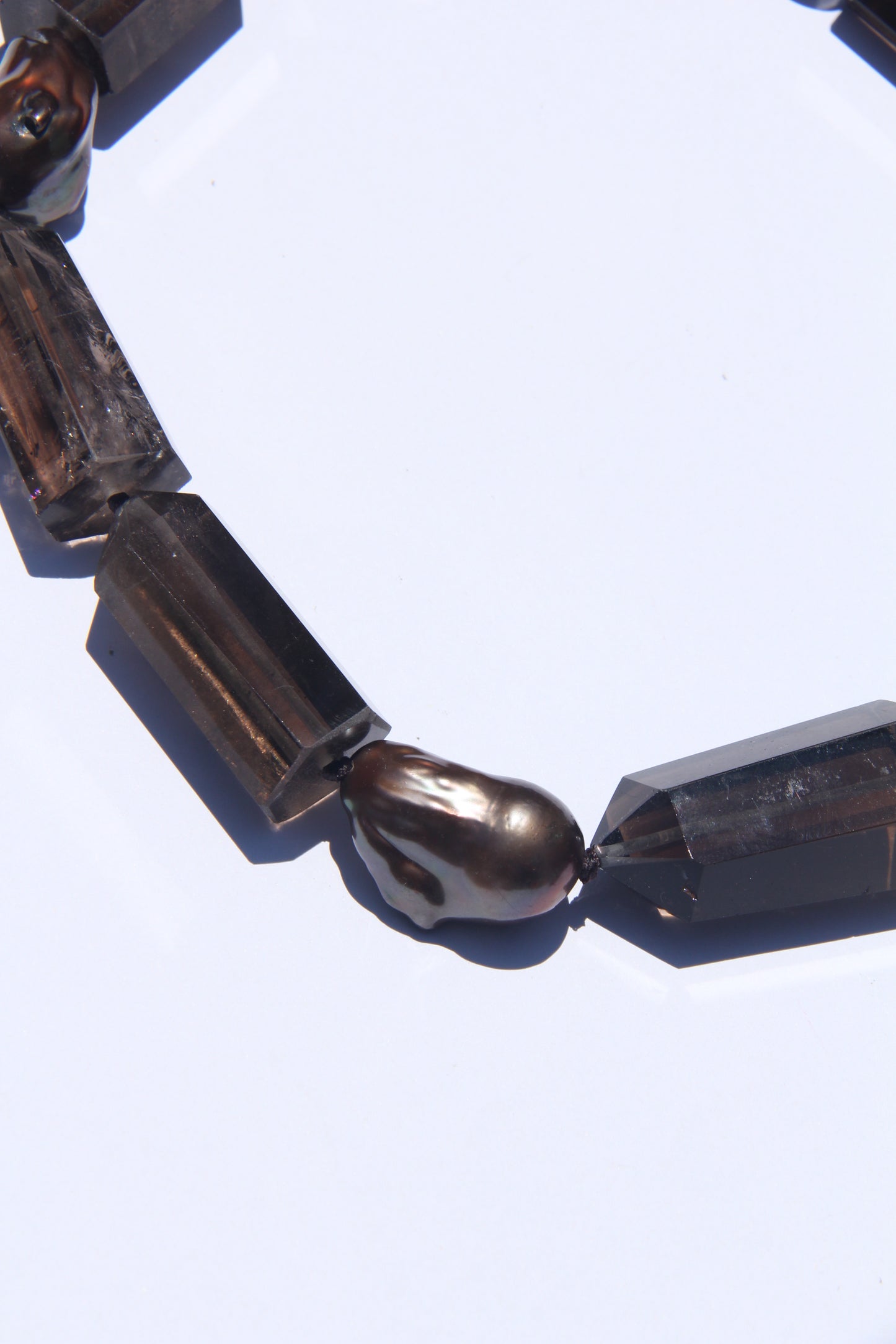 Necklace: pearls, smoky quartz