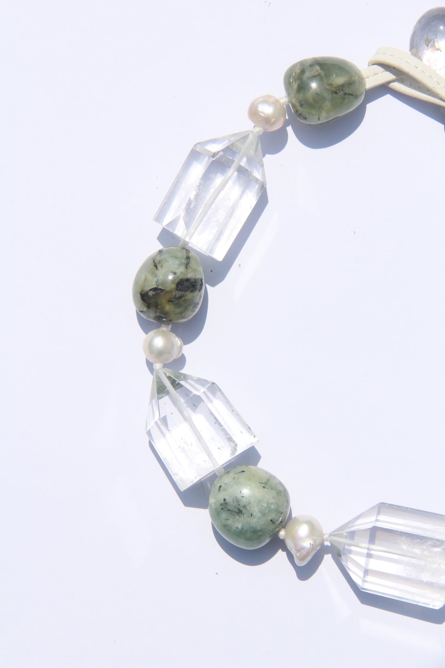 Necklace: quartz, pearl, prehnite
