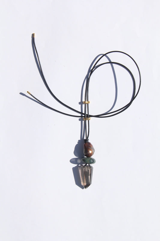 Necklace: pearl, crocodile jasper, smoky quartz