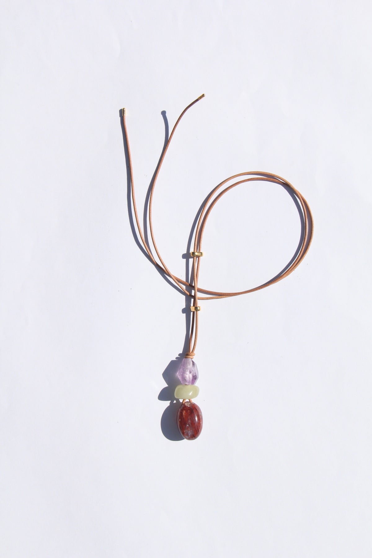 Necklace: amethyst, morganite, hematoid quartz