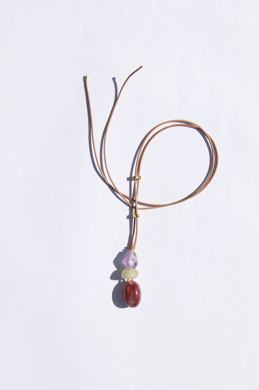 Necklace: amethyst, morganite, hematoid quartz