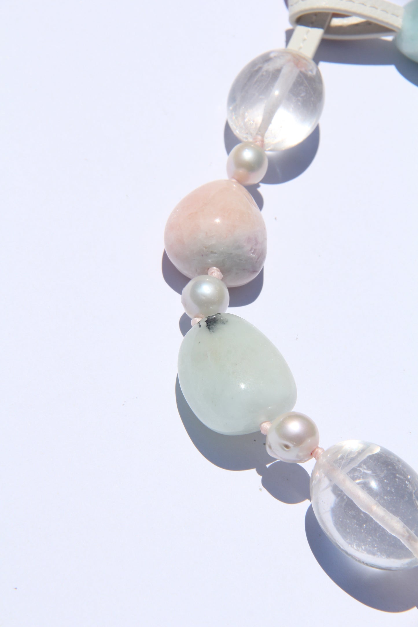 Necklace: morganite, aquamarine, quartz, pearls