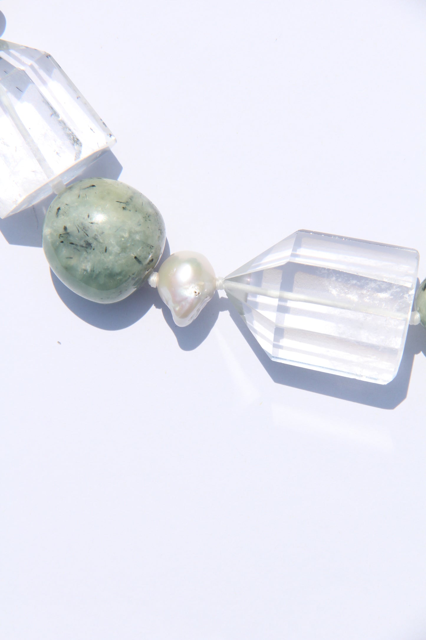 Necklace: quartz, pearl, prehnite