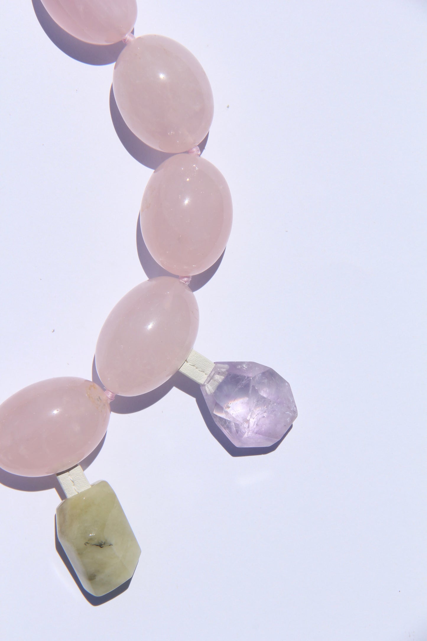 Charms: rose quartz, prehnite, pearl, blue lace agate, amethyst, morganite