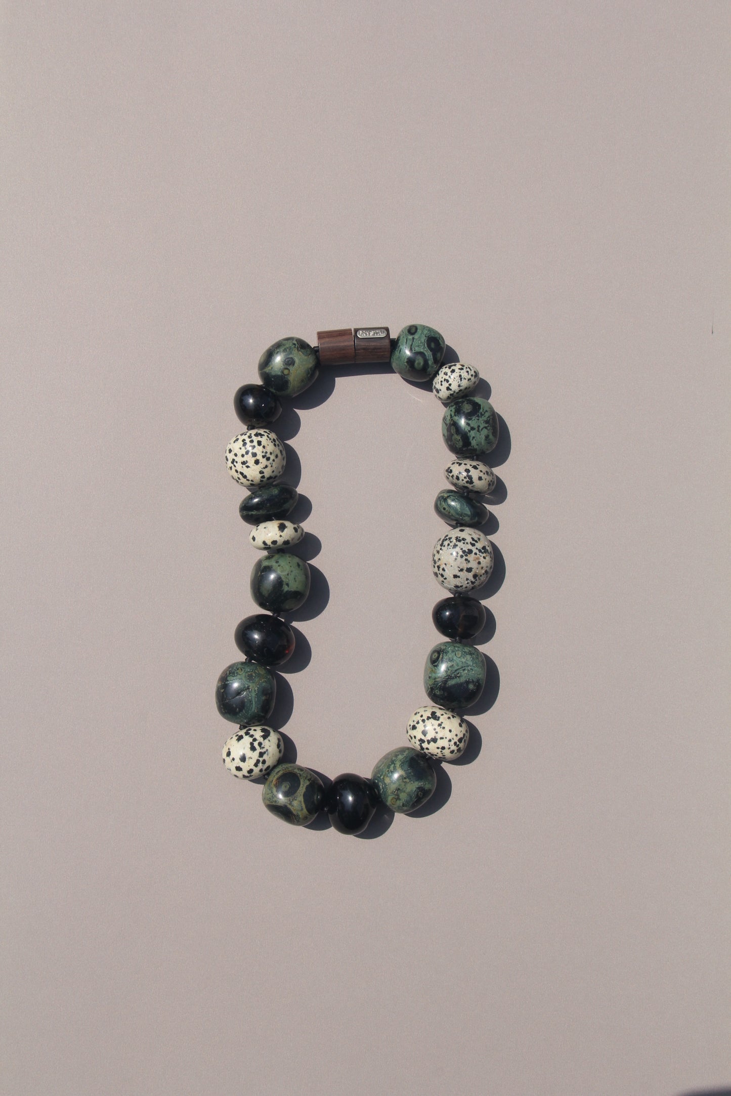 Necklace: crocodile jasper, dalmatian jasper, smoky quartz