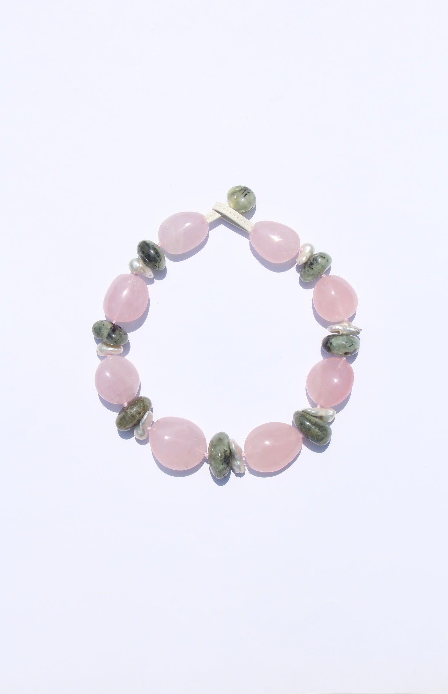 Necklace: rose quartz, pearls, prehnite