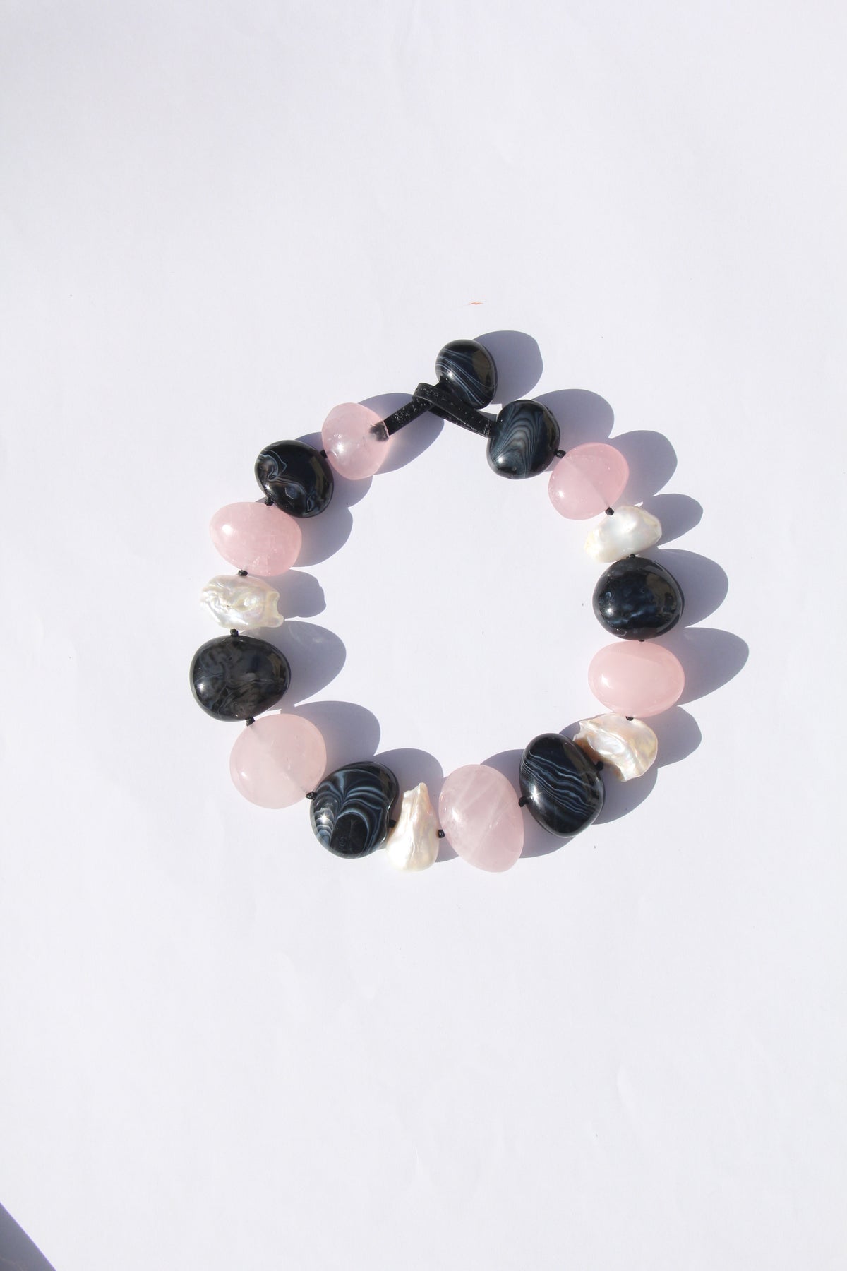 Necklace: sardonyx, pearls, rose quartz