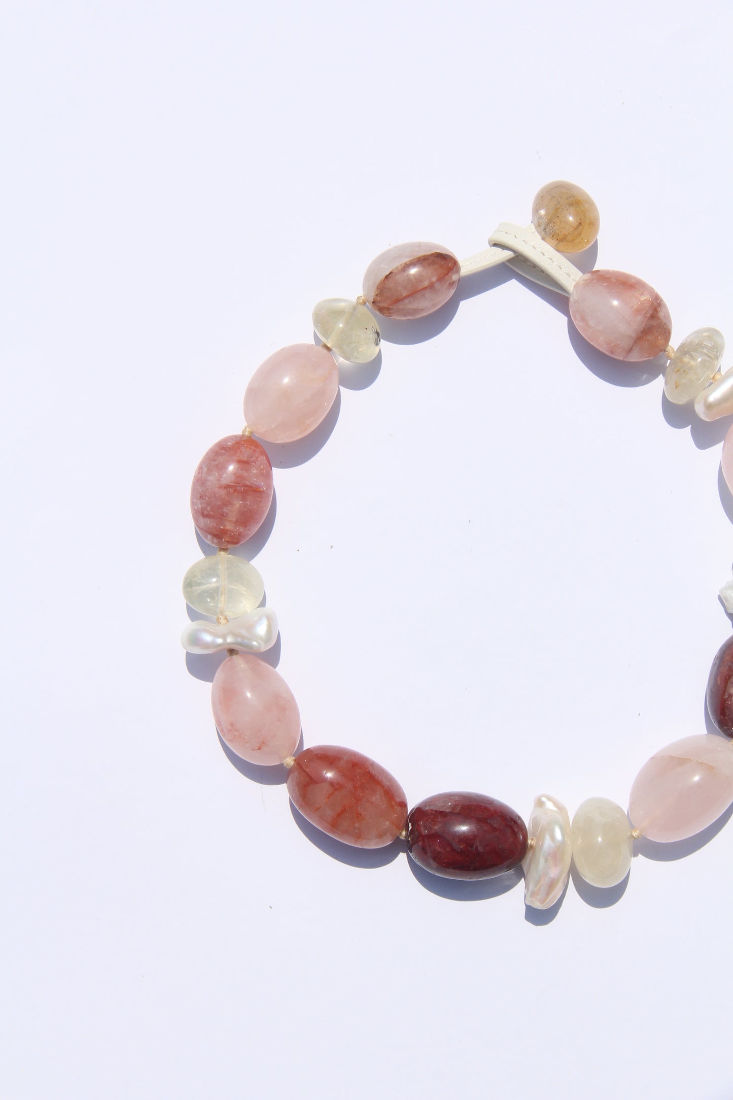 Necklace: rose quartz, pearls, citrine, hematoid quartz