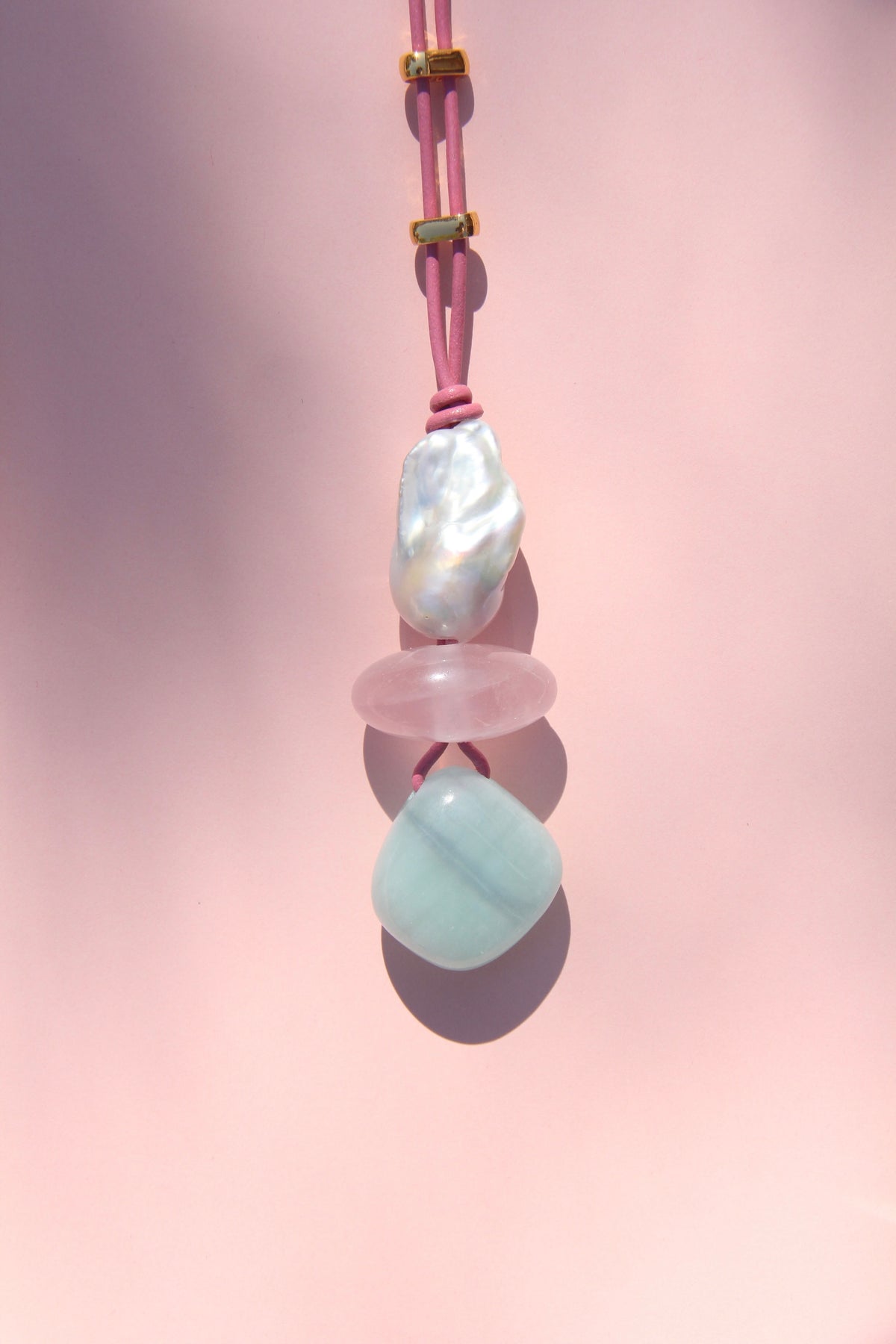 Necklace: pearl, rose quartz, aquamarine