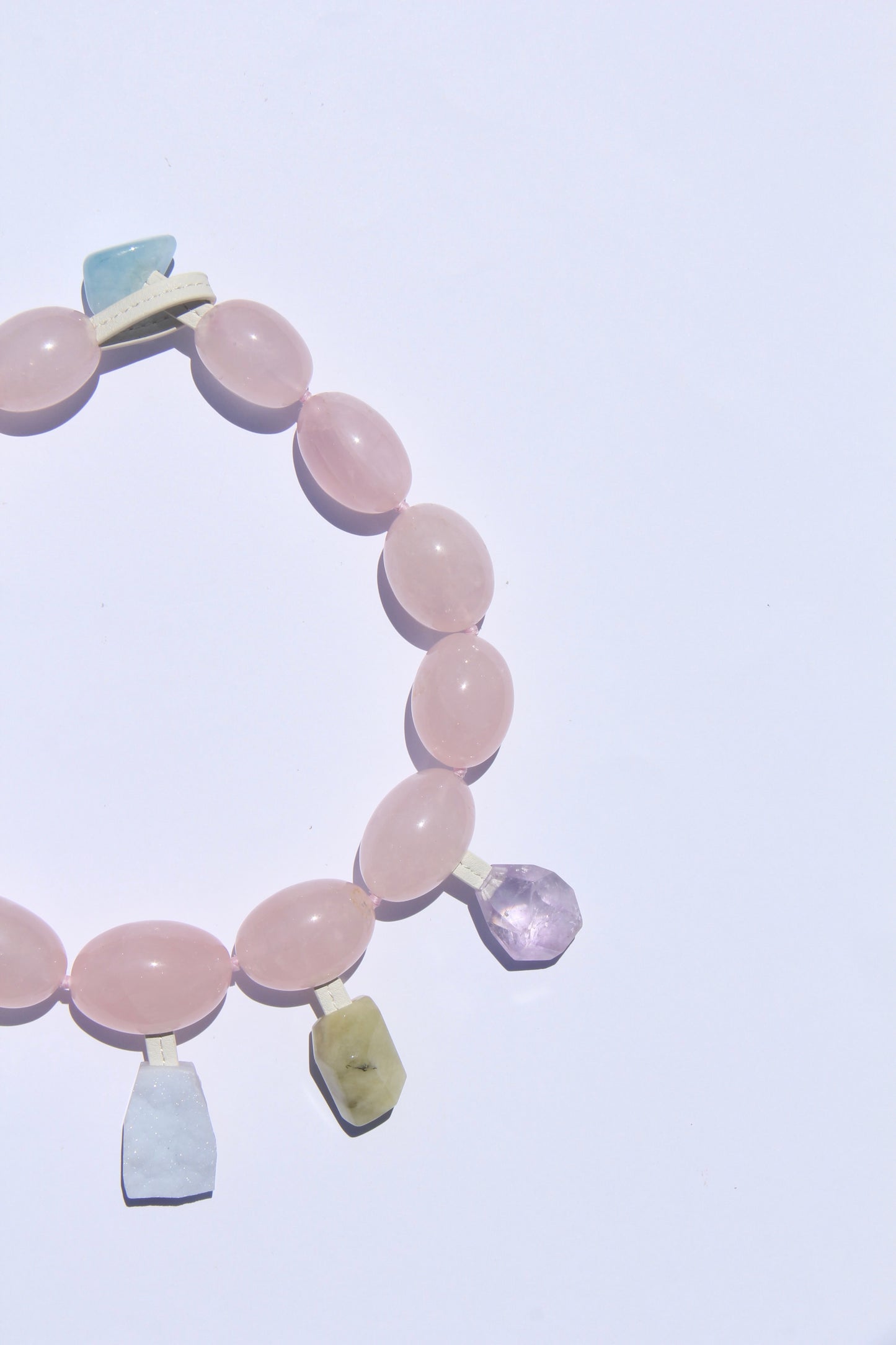 Charms: rose quartz, prehnite, pearl, blue lace agate, amethyst, morganite