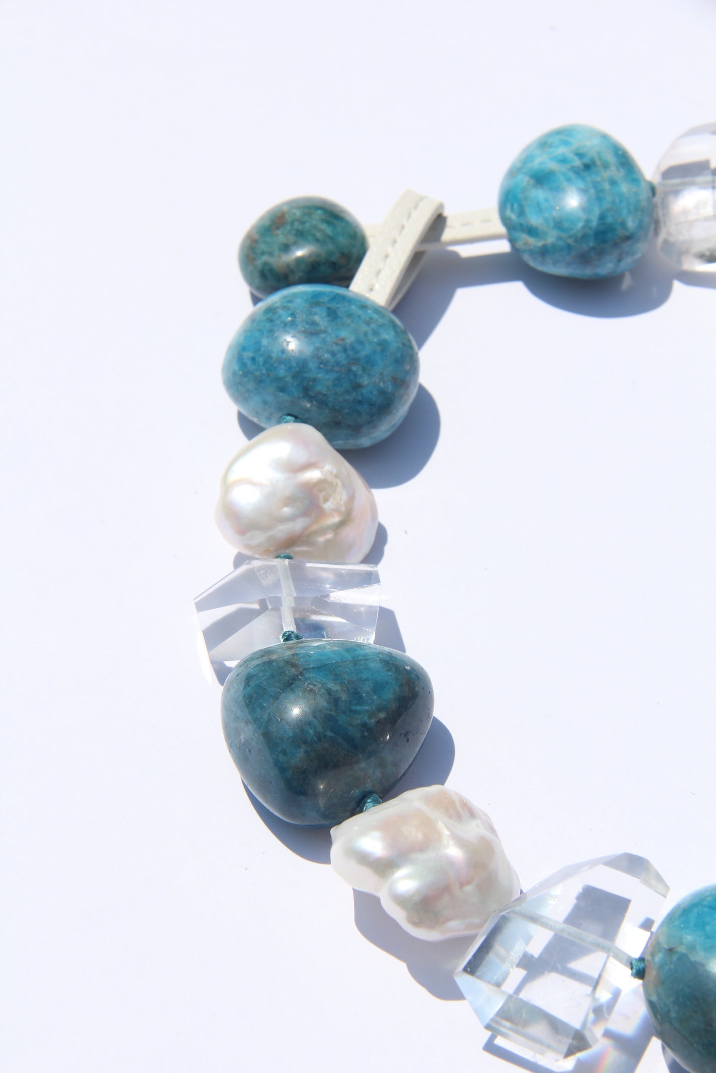 Necklace: blue apatite, quartz, pearls